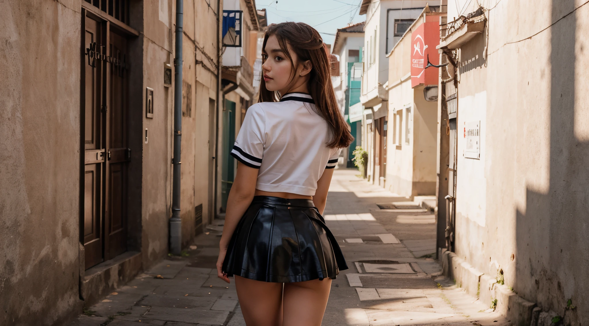 Tiro de costas, schoolgirl, bonita, 19 anos, loira platinada, nsfw, muito bonita, athletic, cabelos loiros, olhos azuis, red-lips, franja, usando uniforme escolar, saia plissada cinza clara muito curta, pernas grossas, pernas bonitas, cintura estreita, meias brancas de coxa saia plissada curta, cinza clara, mini-skirt, camisa branca de manga comprida, seios pequenos, mamilos rosados, porcelain skin, The girl is wearing a black leather choker, the girl is wearing a school uniform, meias brancas de coxa The girl is standing on a street in a cyberpunk city, sob o sol do meio dia, the girl is wearing light fabric clothes, the girl has her back to the camera, the girl is moving away from the observer, the skirt is too short