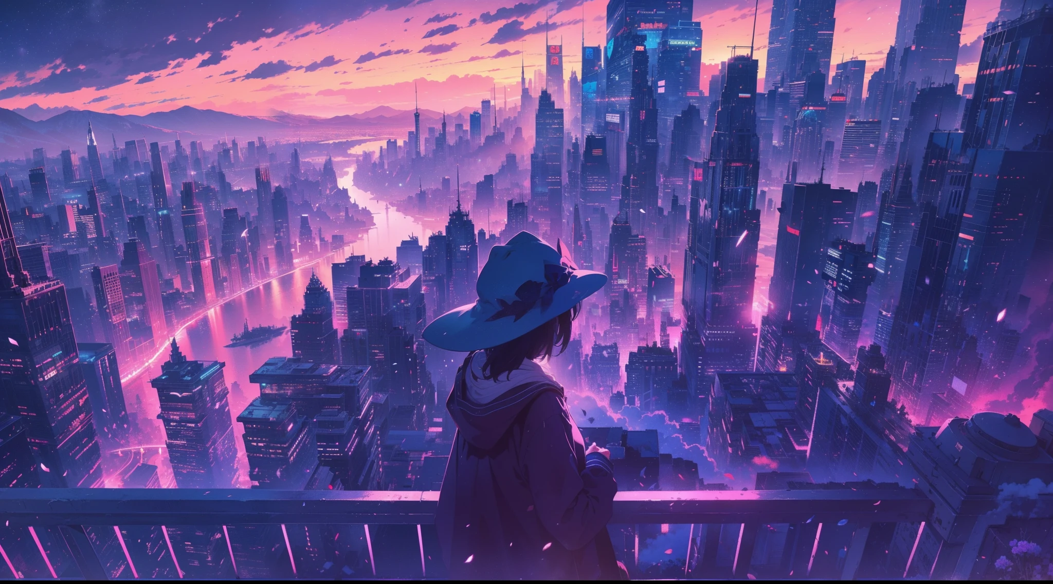 masterpiece, concept art, wide shot, a girl standing on top of a building under a sky full of stars, a matte painting, by Makoto Shinkai, featured on pixiv, panoramic centered view of girl, under blue clouds, chillhop, glittering stars scattered about, under blue, blue witch hat, movie promotional image, blue hour photography, fractal sky, vibrant scattered light, infp girl, symmetrical framing, volumetric lighting, vibrant color, (epic composition, epic proportion), HD