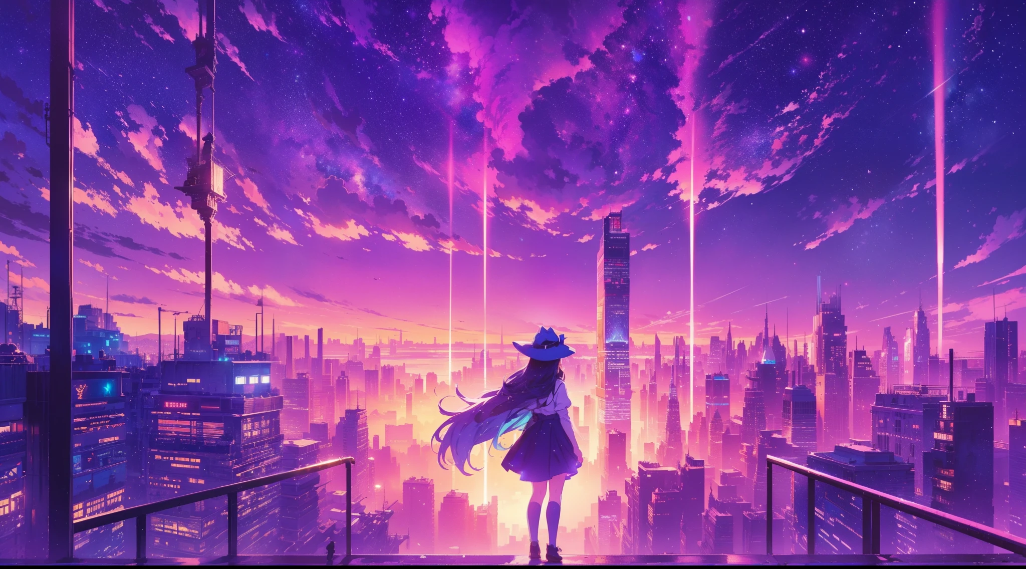 masterpiece, concept art, wide shot, a girl standing on top of a building under a sky full of stars, a matte painting, by Makoto Shinkai, featured on pixiv, panoramic centered view of girl, under blue clouds, chillhop, glittering stars scattered about, under blue, blue witch hat, movie promotional image, blue hour photography, fractal sky, vibrant scattered light, infp girl, symmetrical framing, volumetric lighting, vibrant color, (epic composition, epic proportion), HD