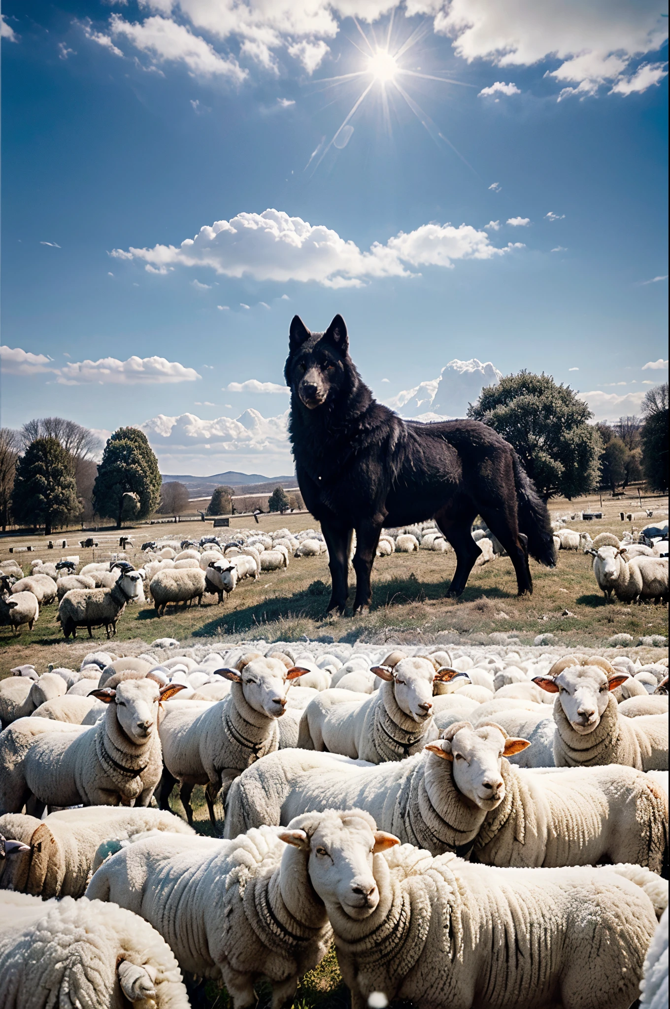 a gigantic black wolf stands in a huge flock of white sheep, outdoor, clear cloudy sky, (a huge flock of white sheep), Gothic art, Fujicolor, high details