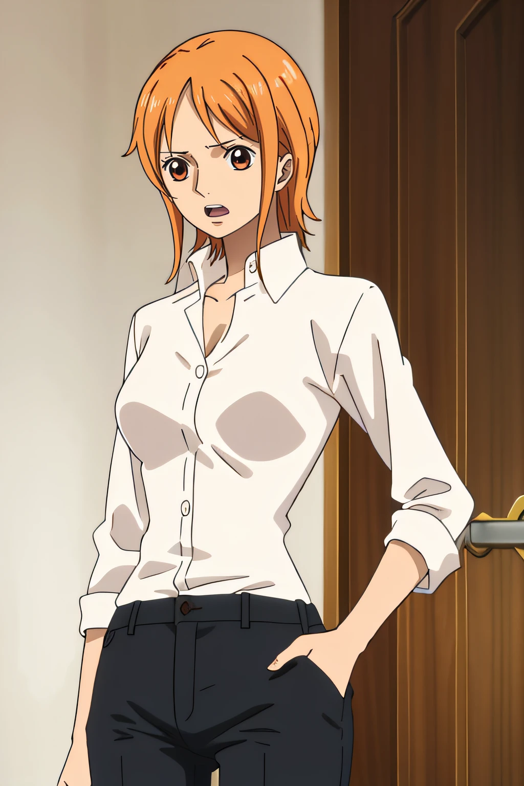 namiFin, , Sin pantalones, 1girl, solamente, camisa, colas gemelas, brown eyes, Camisa blanca, cabello naranja, Colas gemelas cortas, Mangas dobladas, armpits