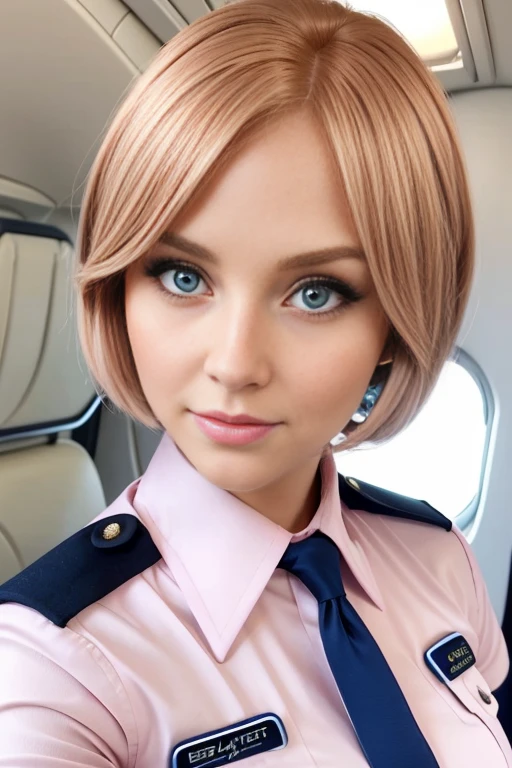 Petite 30 year old flight attendant with light strawberryblonde hair in a short undercut bob and striking blue eyes wearing eye liner, pink lips, in a uniform, detailed face