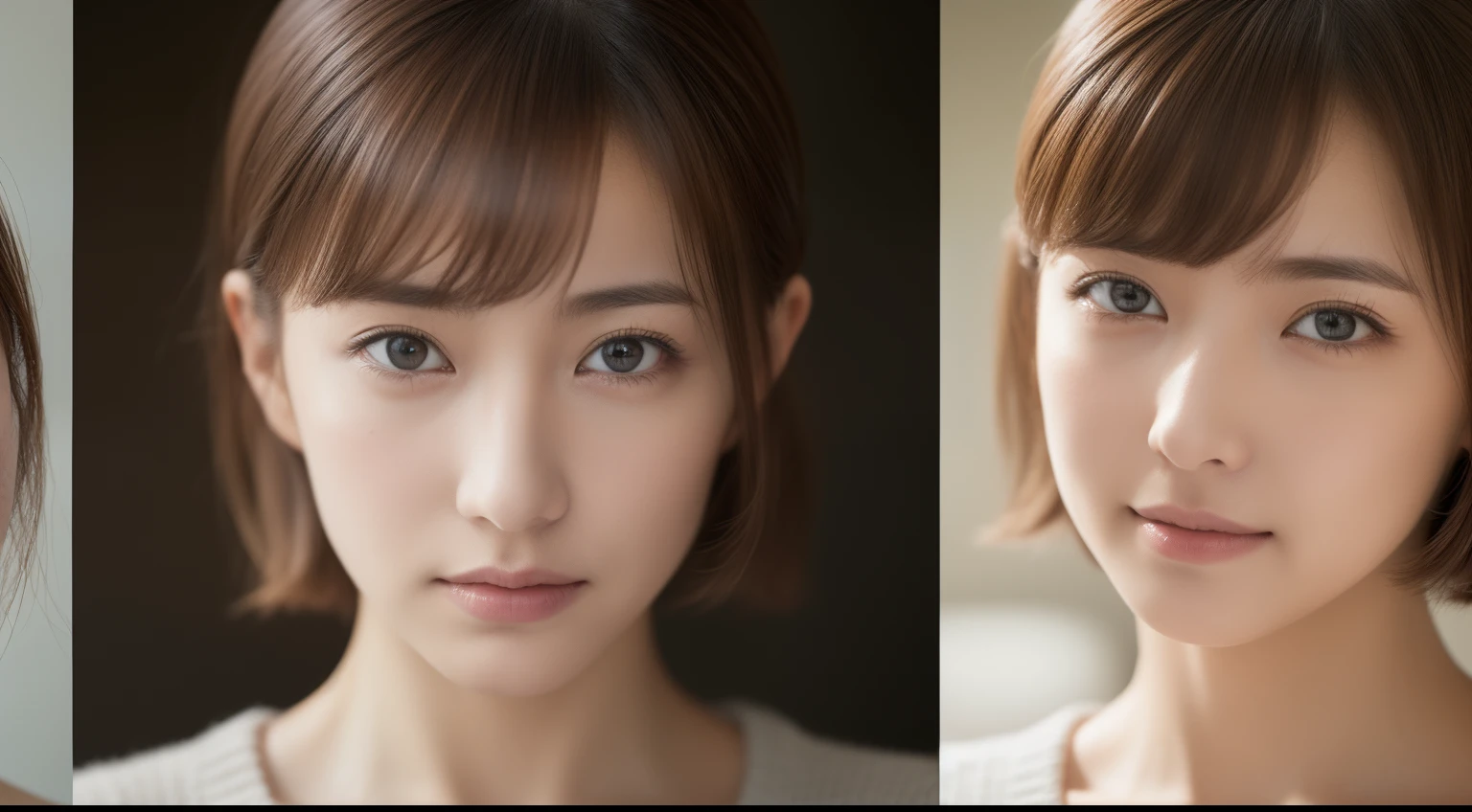 (​masterpiece:1.3), (8K, Photorealsitic, Raw photography, Top image quality: 1.4), Japan high school girls、(Random hairstyles:1.2)、cleavage of the breast:1.2、Super Detail Face、Eye of Detail、二重まぶた、Bring your chest together、foco nítido:1.2、prety woman:1.4、light brown hair、top-quality、​masterpiece、超A high resolution、(Photorealsitic:1.4)、Highly detailed and professional lighting smile、Loose and light knitwear、Shoulder out、slender、serious facial expression、short-haired、Fatal position