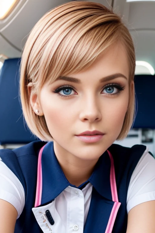 Petite 30 year old flight attendant with light strawberryblonde in a short undercut pixie style  hair and striking blue eyes wearing eye liner, pink lips, in a uniform, detailed face