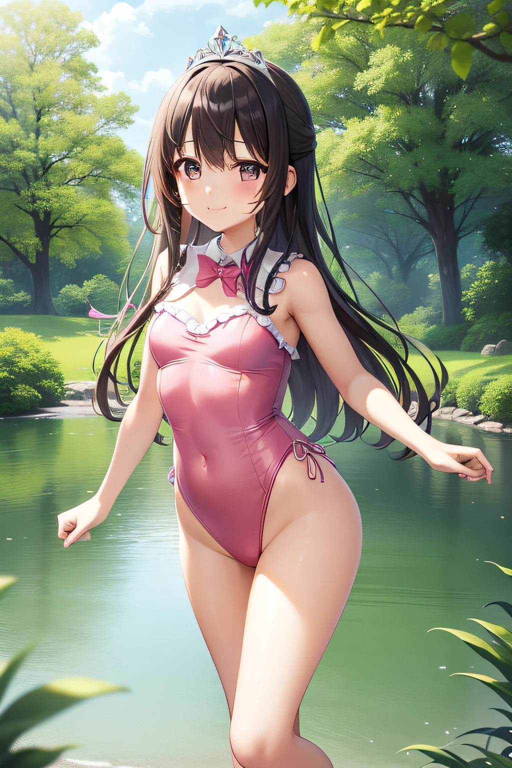 top-quality、extremely delicate and beautiful、Soio、Soio、8-year-old little girl、japanes、Lori、Chiquita、elementary student、A dark-haired、((Pink leotard))、(highleg)、Tiara on the head、A smile、is standing、Facing the front、Pond in the background、the woods、cherry trees