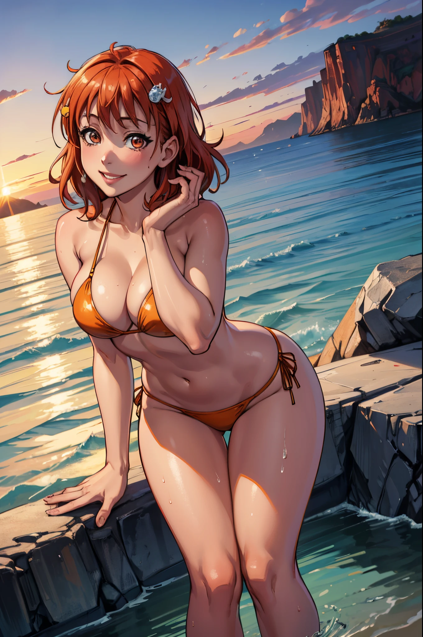 (best quality,4k,8k,highres,masterpiece:1.2), ultra-detailed, sunset ,bent over, hands on knees , from behind,takami chika, bikini, slightly excited and smile, thighs, cowboy shot, hair ornament, sea in background,wet