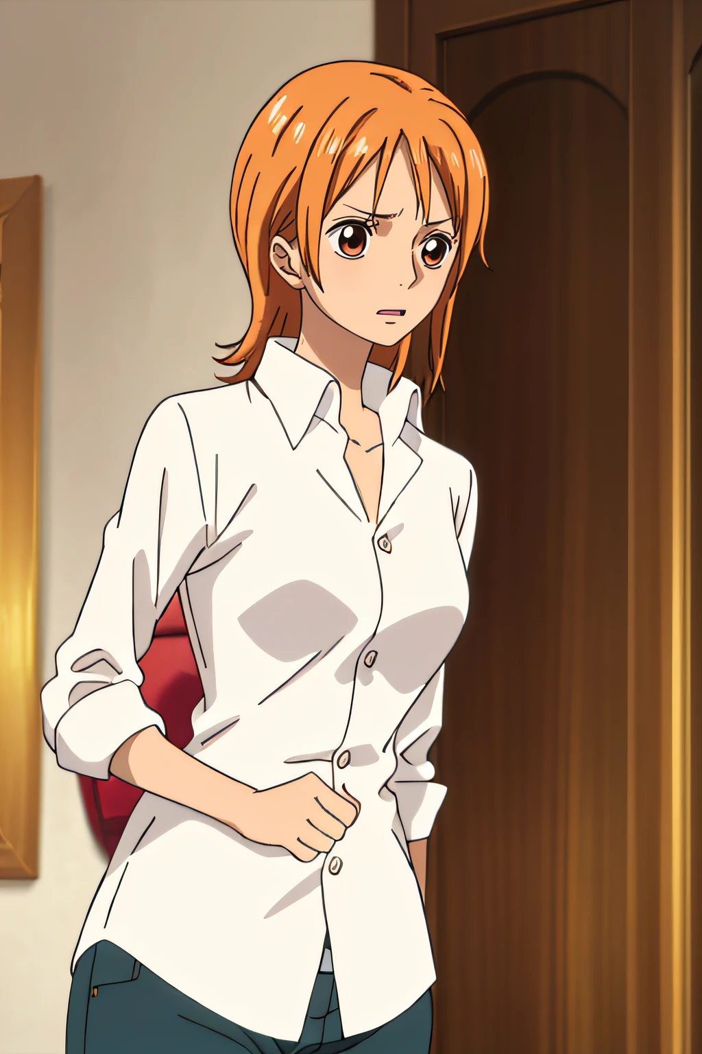 namiFin, , Sin pantalones, 1girl, solamente, camisa, colas gemelas, brown eyes, Camisa blanca, cabello naranja, Colas gemelas cortas, Mangas dobladas, armpits, blushed