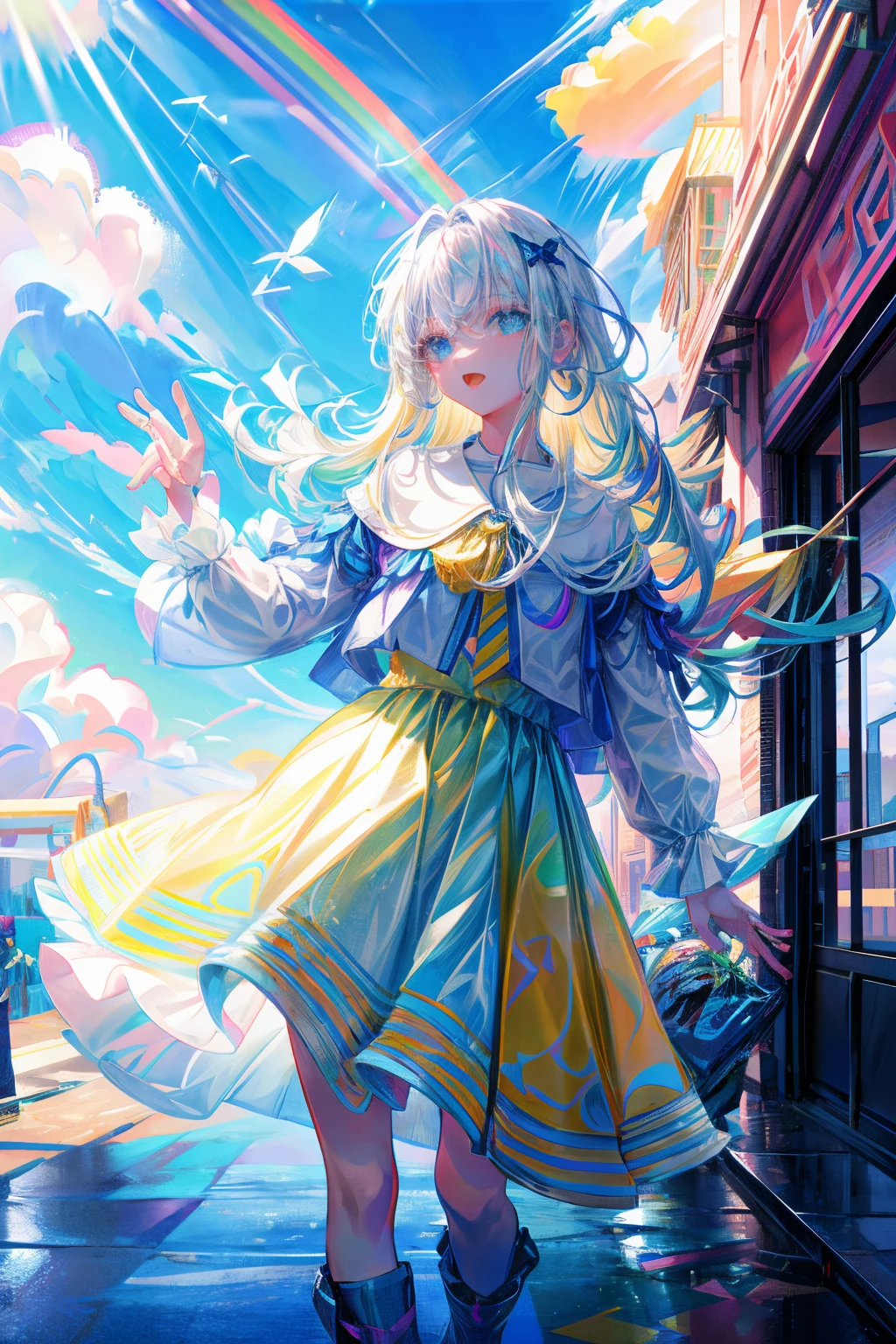 Rainbow on background、Irridescent color、colourfull、blue open sky、Colorful world、has a rainbow weapon、top-quality、超A high resolution、(Photorealsitic:1.4)、Female 1 Person、(Kpop Idle)、(attractiveness:1)、(Platinum Blonde Hair:1)、((Puffy eyes))、Look at the viewer、full body Esbian、Facing the front