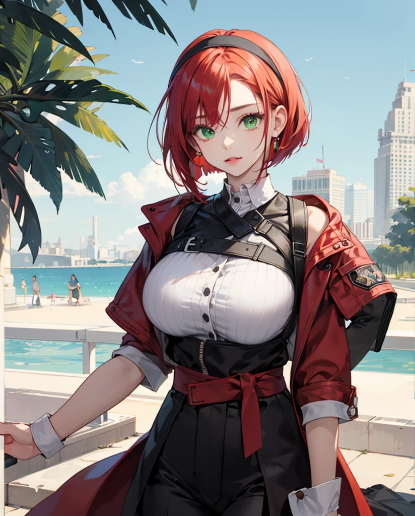 A teenage girl,Red Short Bob,Hair band on the head,Green eyes,big breasts,