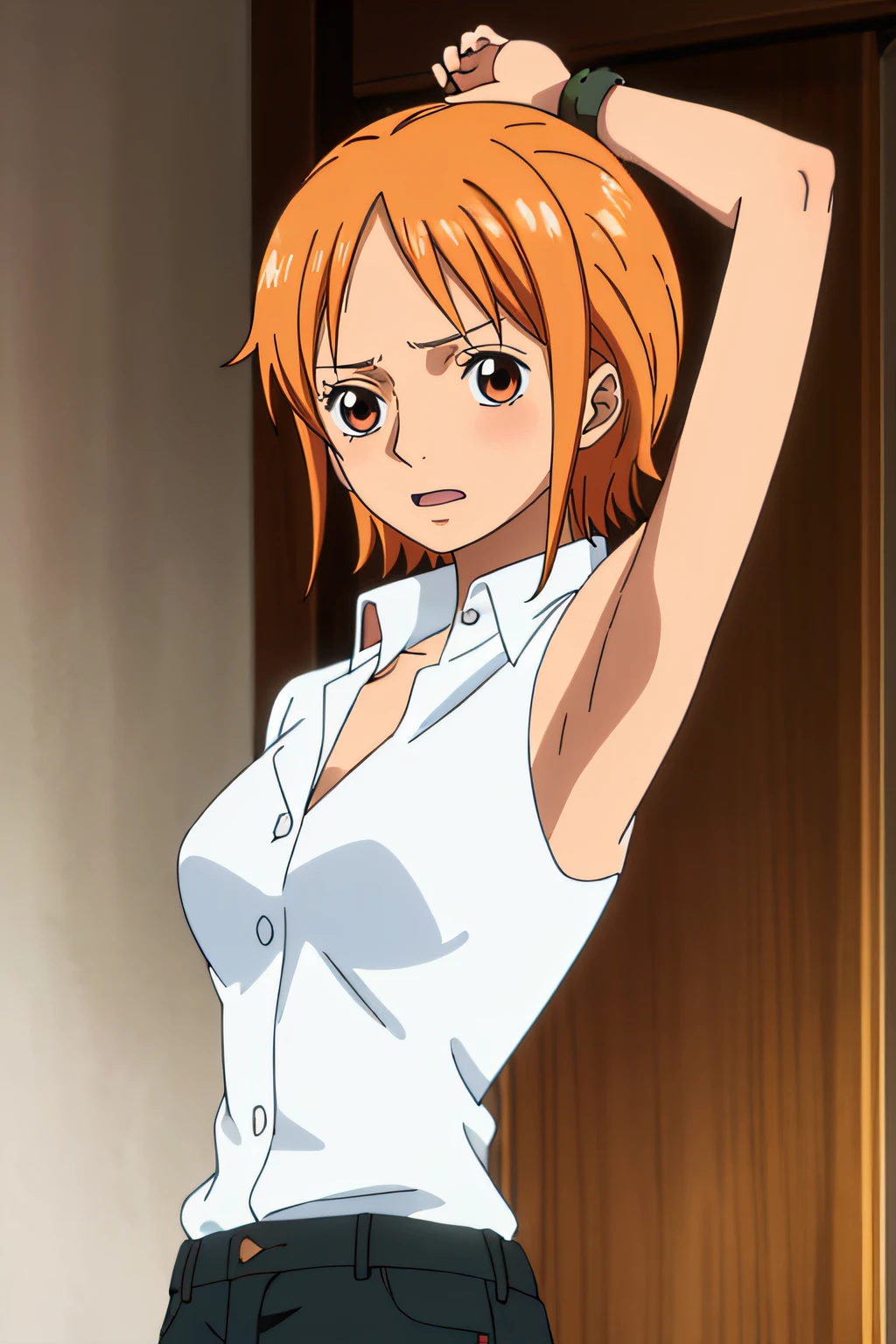 namiFin, , Sin pantalones, 1girl, solamente, camisa, colas gemelas, brown eyes, Camisa blanca, cabello naranja, Colas gemelas cortas, Mangas dobladas, armpits, blushed