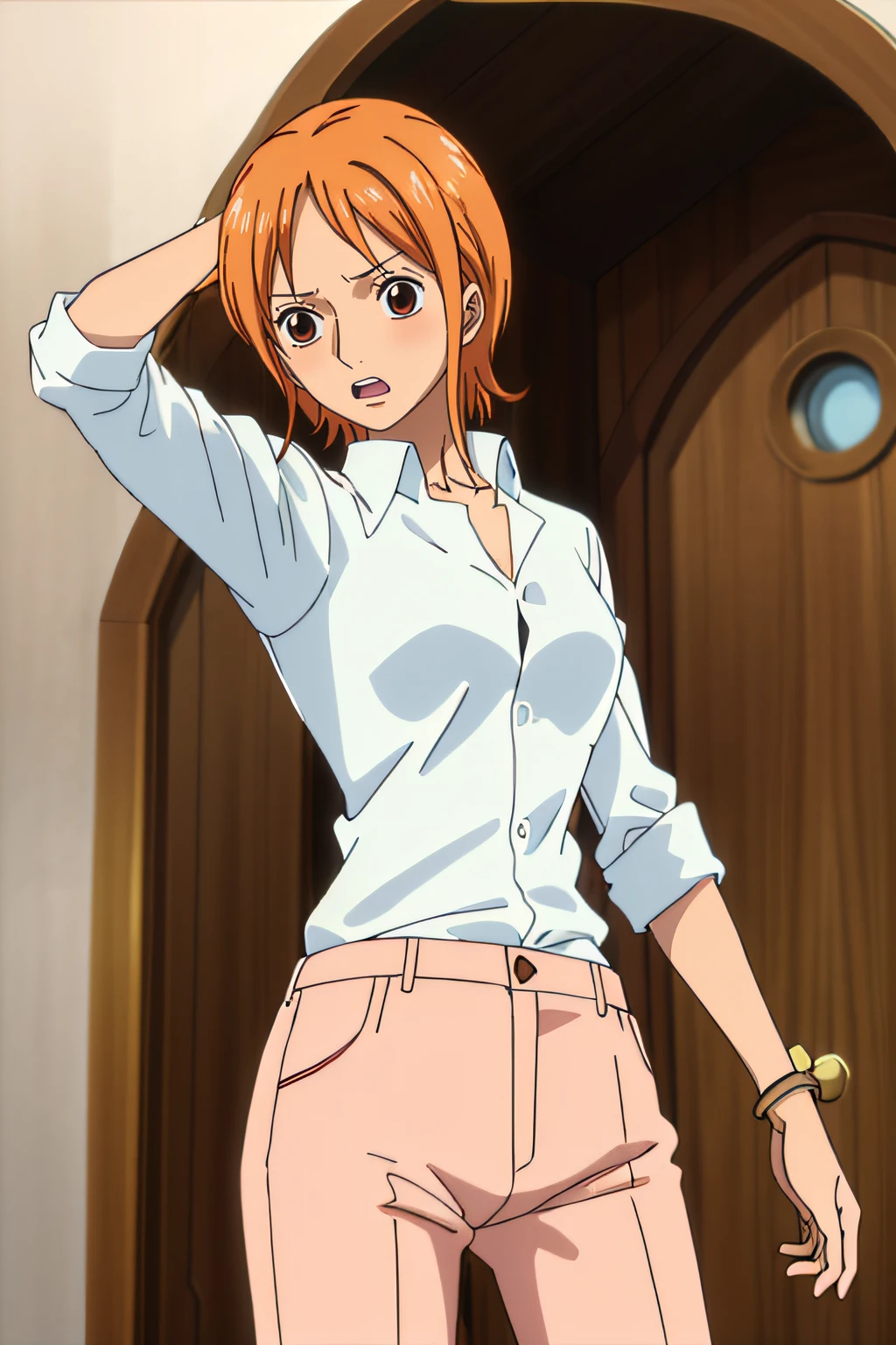 namiFin, , Sin pantalones, 1girl, solamente, camisa, colas gemelas, brown eyes, Camisa blanca, cabello naranja, Colas gemelas cortas, Mangas dobladas, armpits, blushed