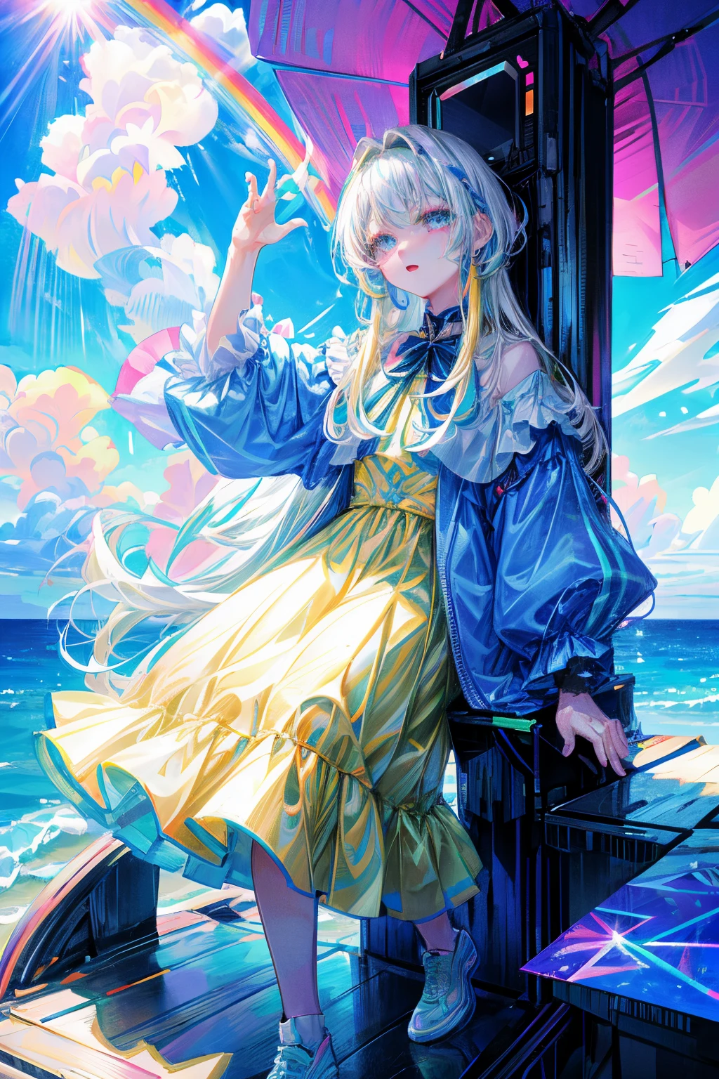 Rainbow on background、Irridescent color、colourfull、blue open sky、Colorful world、has a rainbow weapon、top-quality、超A high resolution、(Photorealsitic:1.4)、Female 1 Person、(Kpop Idle)、(attractiveness:1)、(Platinum Blonde Hair:1)、((Puffy eyes))、Look at the viewer、full body Esbian、Facing the front