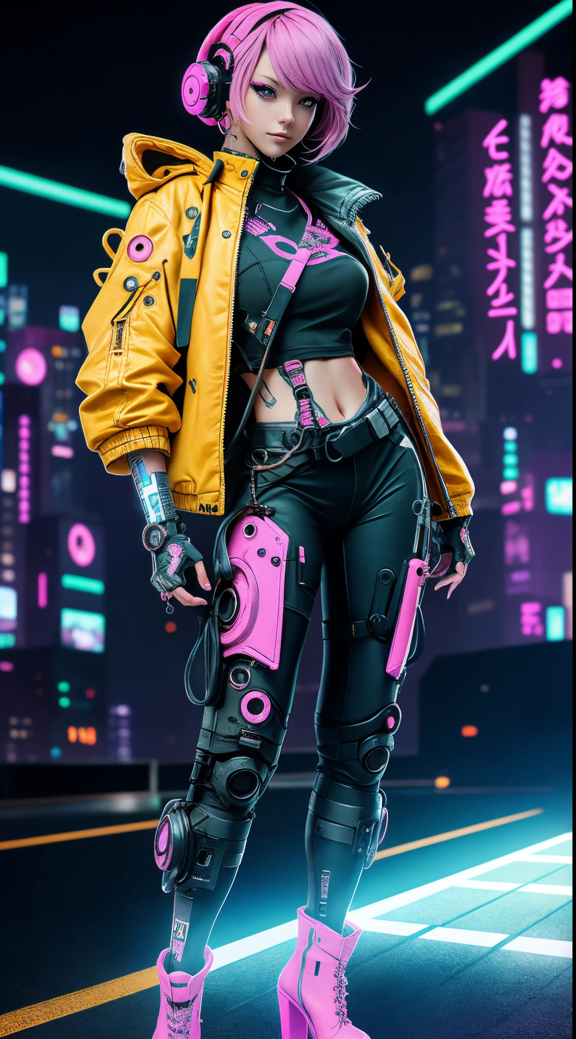 A woman with pink hair leans against the wall，full body shot shot， anime cyberpunk art， cyberpunk anime art， female cyberpunk anime girl， cyberpunk anime girl，She is extremely tall, slender and sexy body， Fantastic cyberpunk girl， cyber punk Girl，Extra-large thick breasts，Elongated waist，Exaggerated huge thick fat buttocks，Super long big thick legs， anime cyberpunk， cyberpunk beautiful girl，A pair of cool cyberpunk mechanical high heels， digital cyberpunk anime art， a teen cyberpunk cyborg， neonpunk， Miss Seiburg， high quality cyberpunk art， Modern cyberpunk animeန，full body shot shot。