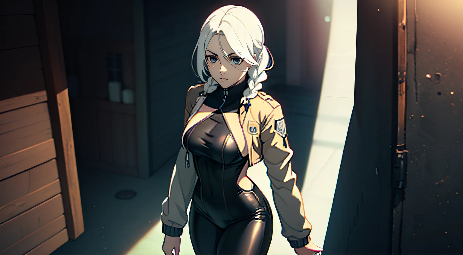 photo portrait, Beautiful figure, Lucy from the anime series Cyberpunk Edge Runner, Erotica, Nudie, half naked, a 1girl, facing the viewer, Beautiful figure (Proper Anatopy 1.1.), in full height (Body Full 1.1), Slim, Slender figure, Slender figure, shapely legs, leather pants, Anime style, white colored hair, white colored hair, that disappear at the ends, Bob hairstyle, short white jacket, tight black suit, Cutouts on the shoulders, Cutouts on the chest, Skinny black leather pants, Very detailed face, Very beautiful face, Very sexy ass, in full height (Body Full 1.1), Tall android girl, small elastic breasts, Little ass, Hair is gathered in a braid, Beautiful slim figure, small buttocks, A braid around the head, Round braid, Red Star in the Forehead, Short Brown Jacket, black tight suit, darkly,gris & Dark Style:1.1), Light, femininity,tmasterpiece,beste-Qualit,higly detailed,Visible to the feet, 8K resolution, High Sharp, 8K resolution, higly detailed, 8K UHD, Professional lighting, Photon mapping,physical based rendering, a perfect face, detailed face and body, ray traced, expressive look, Cinmatic Lighting,elastic small breasts, Heightened sexuality,