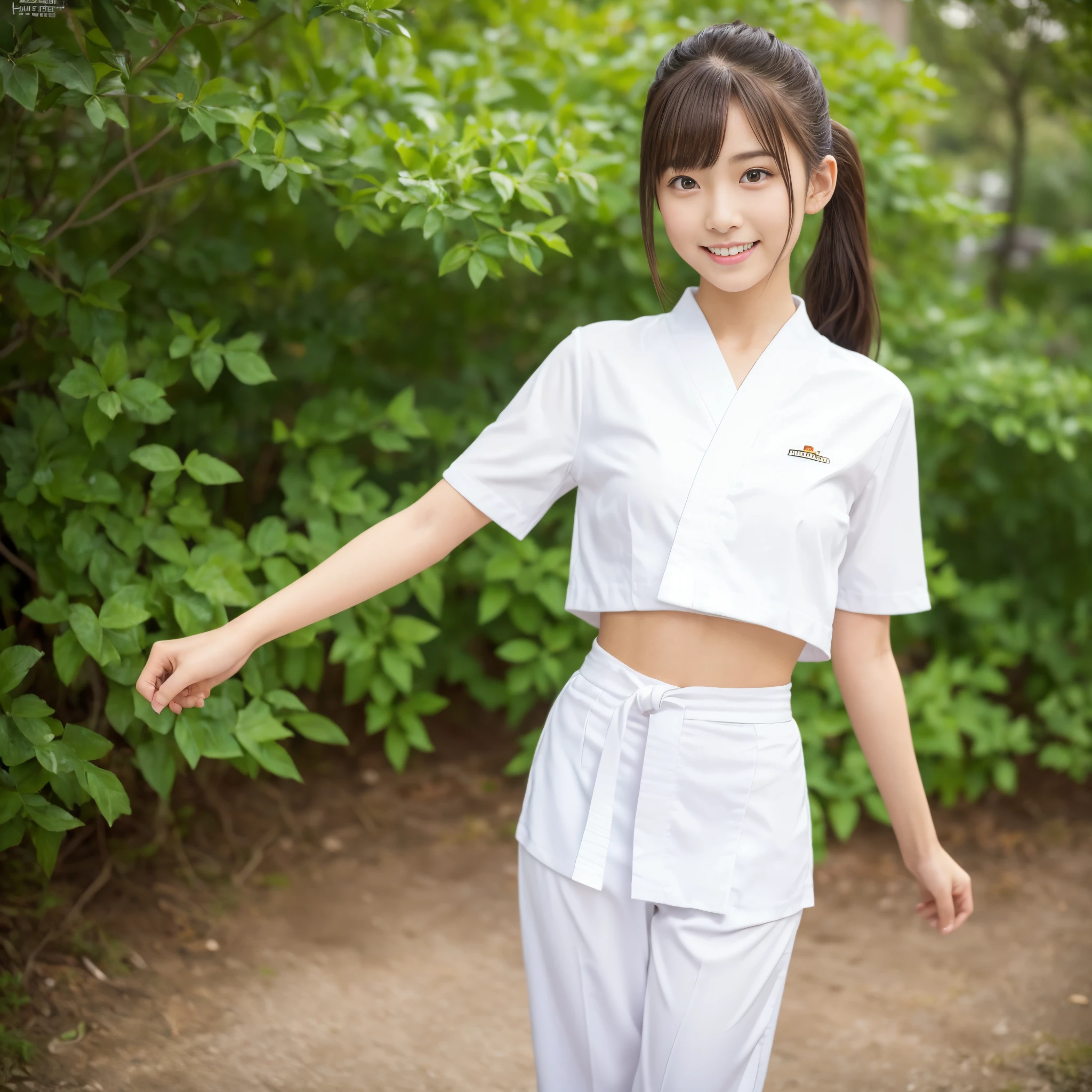 (Photorealsitic)(sixteen years old), Pretty Woman, (Full body 8K portrait), 1 girl in, White Karate Uniform, White karate pants, Large bust,Stand alone, Large and dynamic hand and foot movements, Stick out your fist, Make a high side kick, Correct skeleton, Perfect facial detail, (Smile: 1.15), attractive beautiful face, gazing at viewer, a small face, 二重まぶた, Beautiful detailed eyes, long eyeslashes, ligh brown hair, poneyTail, Toned waist, Beautiful thin legs, toned ankles, bare-legged ,TOKYOcty, background blue, no nsfw