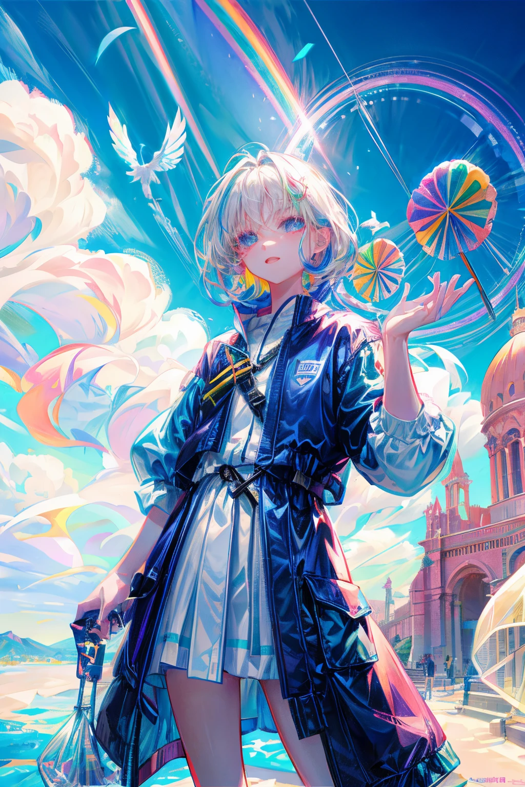 Rainbow on background、Irridescent color、colourfull、blue open sky、Colorful world、has a rainbow weapon、top-quality、超A high resolution、(Photorealsitic:1.4)、Female 1 Person、(Kpop Idle)、(attractiveness:1)、(Platinum Blonde Hair:1)、((Puffy eyes))、Look at the viewer、full body Esbian、Facing the front