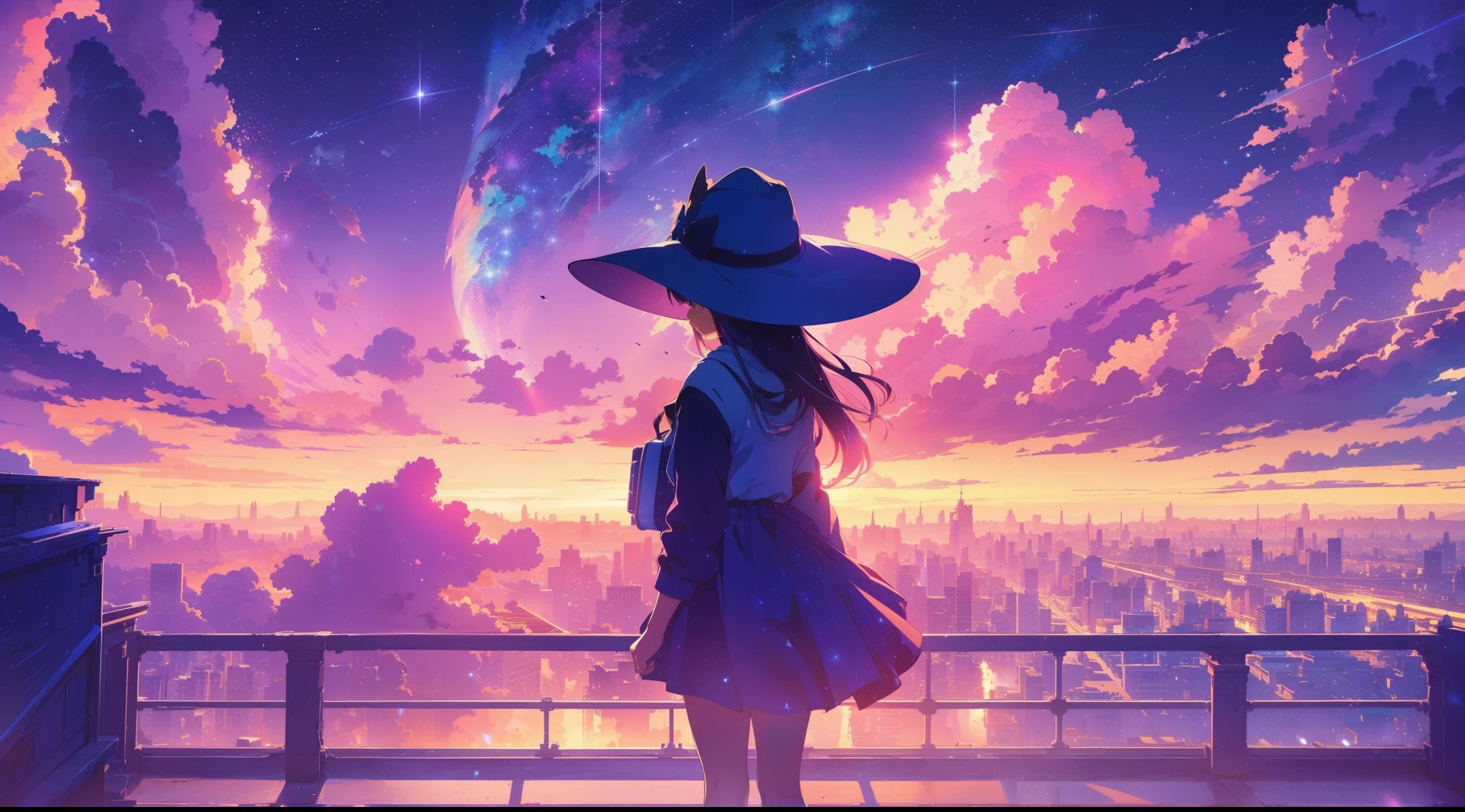 masterpiece, concept art, wide shot, a girl standing on top of a building under a sky full of stars, a matte painting, by Makoto Shinkai, featured on pixiv, panoramic centered view of girl, under blue clouds, chillhop, glittering stars scattered about, blue witch hat, movie promotional image, blue hour photography, fractal sky, vibrant scattered light, infp girl, symmetrical framing, volumetric lighting, vibrant color, (epic composition, epic proportion), HD