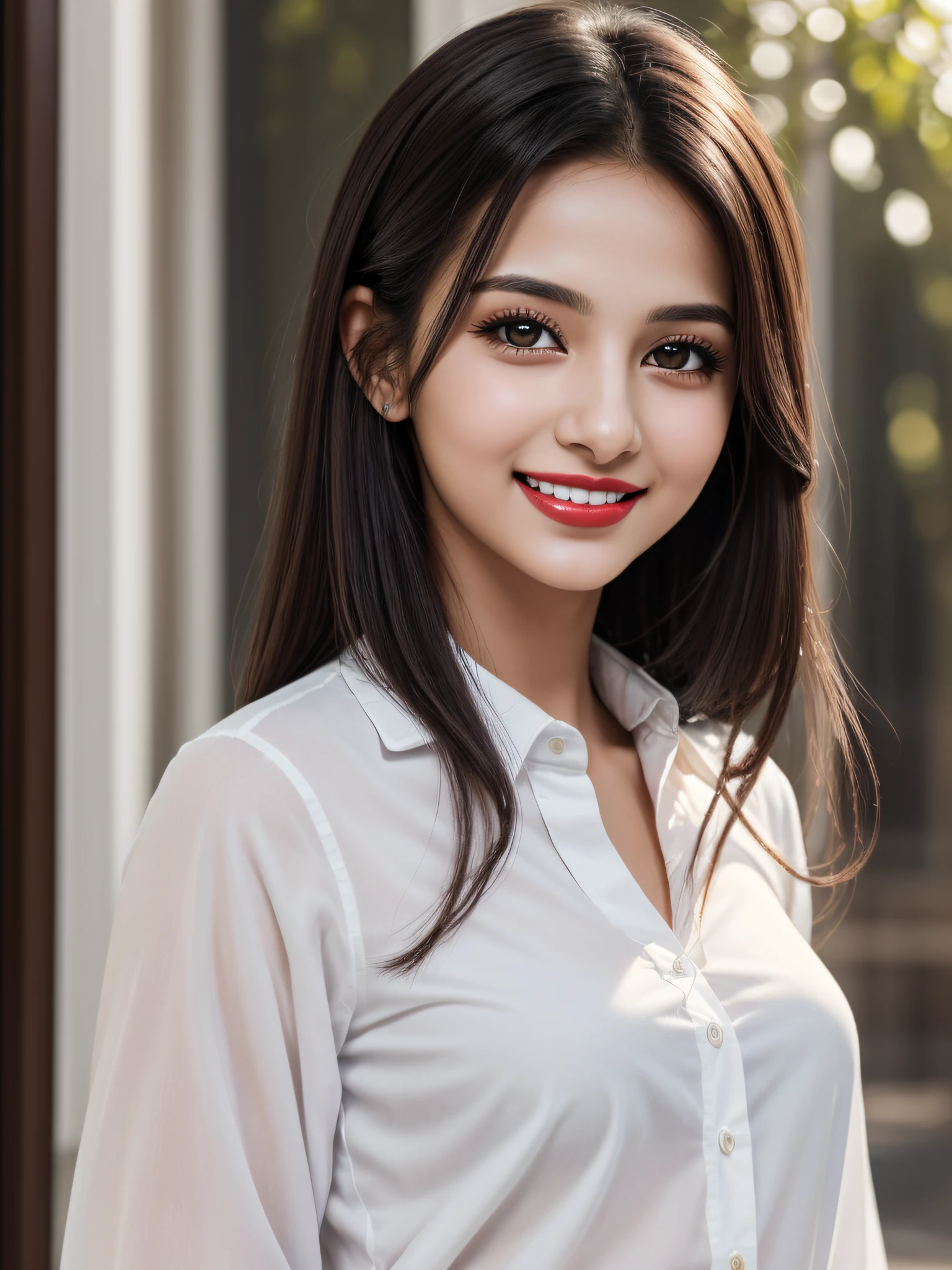 (Masterpiece), (Realistic), (best quality), (8K), ultra-detailed, UHD, young beautiful white arab woman, red lips, little delicate nose, petite, (small arched eyebrows), round face shape, most beauty young woman, extremely beautiful, very cute, dark brown eyes, black hair, 165 tall, wearing white shirt, beautiful smile, headshot