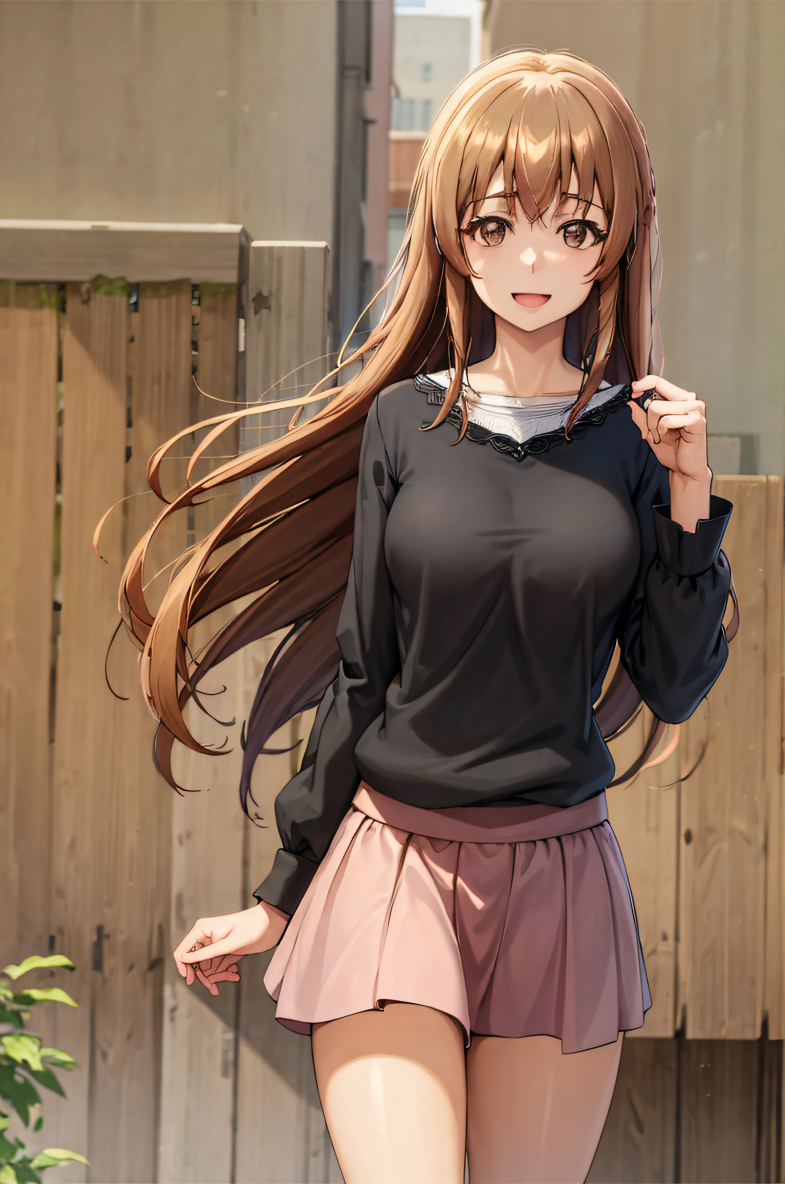 best quality, (masterpiece:1.2), highly detailed, street,
1girl,  kotegawa nanaka,
looking at viewer, slight smile, open mouth,
brown eyes, brown hair, long hair, black shirt, elbow sleeves, pink skirt, miniskirt