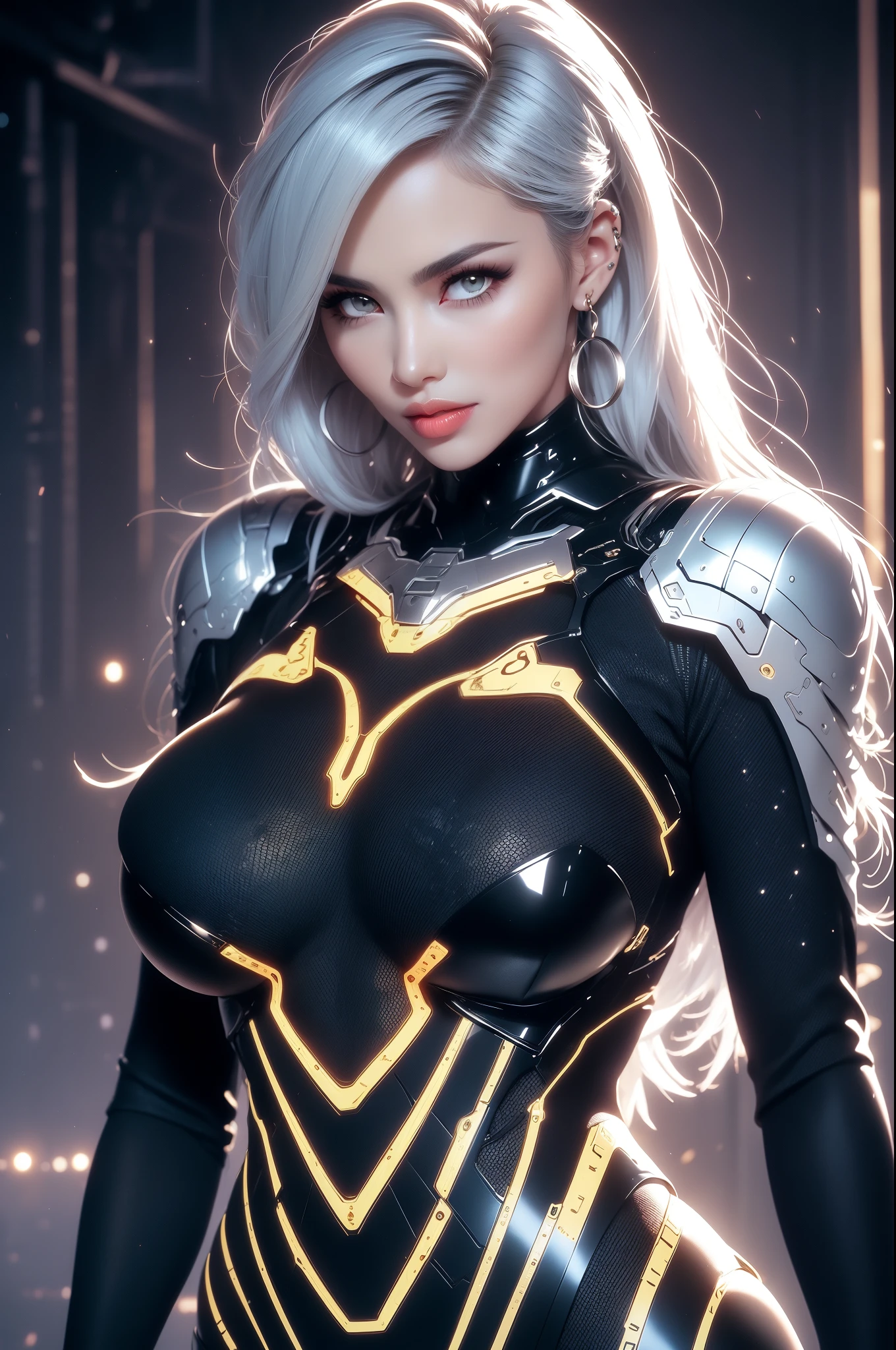 (masterpiece), best quality, expressive eyes, perfect face, beautiful details face, beautiful round eyes, upper body, A beautiful mature woman in cyber armour suit shows her Extremely busty and attractive breasts, (light smile), (platinum blue hair), glowing hair, multicolored hair, (random hairstyles, shiny hair, gradient hair, colored inner hair, (short straight hair), medium short hair), (covered chest), fair skin, (beautiful detailed full bodysuit:1.3), full body cyber armour, glowing and shining armor, silver and blue cyber armour,(Edge lights:1.3), (silver and blue colour scheme:1.3), neon light on Armor, beautiful details eyes, (midnight blue eyes:1.2), (glowing eyes:1.2), hair ornament, (Gigantic saggy breasts:1.6), thick body, (well accentuated curves), pink lips, (silver nails), mascara, Long eyelashes, eyeliner, (Extremely wide well defined hips:1.3), (beautiful massive thick muscular thighs:1.3), has a tall slender figure, (Extremely detailed skin texture:1.1), beautiful detailed realistic muscle definition, golden fireflies that shimmer, high detailed eyes, ultra-high quality model, proportionate, intense colouration fantasy, (background Spiral galaxy), beautiful background, gold and silver tetradic colours, earrings, detached sleeves, jewelry, earring, (), (1girl), solo,