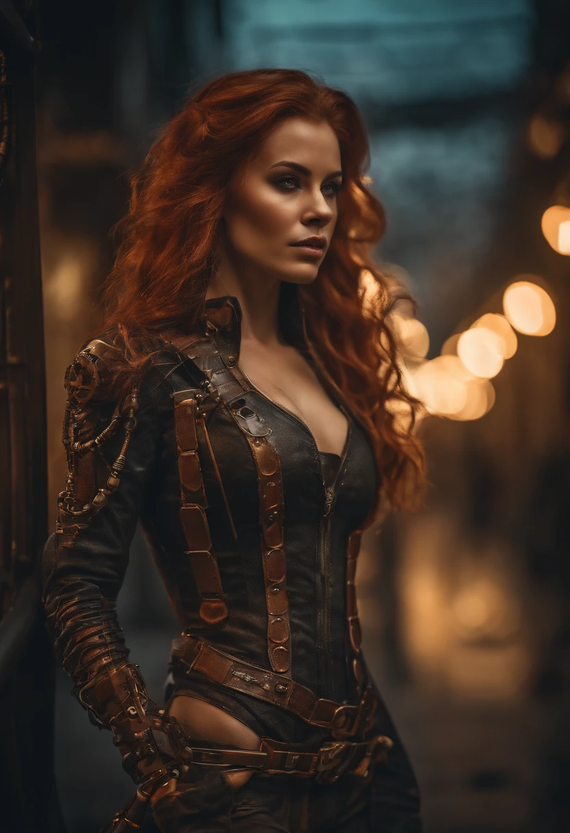 full body Masterpiece, 4K, 8K, beautiful face girl made of rusty metal, (steampunk Cyborg: 1.1), ([Wire]: 1.3), (intricate details), HDR, rusty metal body, pipes, wires, (intricate details, hyper detail: 1.2) , wide shot, center, visible brain, beautiful long thighs, beautiful face, detailed face, long red hair, muscle, standing abandoned in futuristic city alley, night, fog, smoke, low dim lights