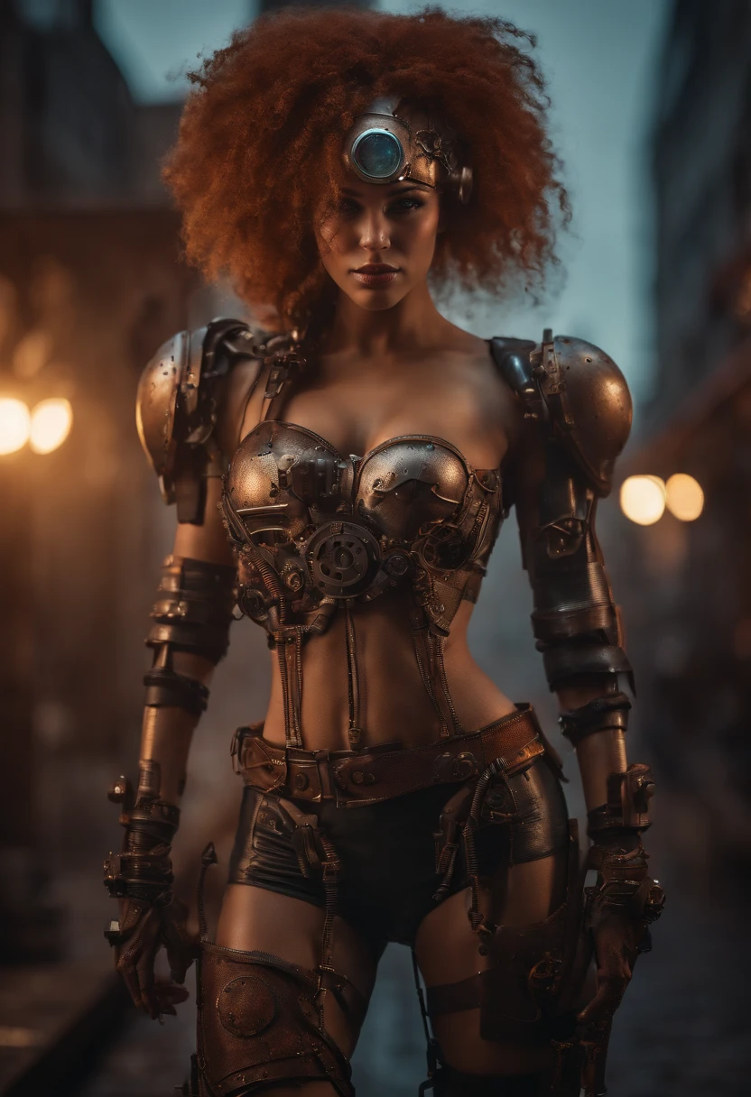 full body Masterpiece, 4K, 8K, beautiful face girl made of rusty metal, (steampunk Cyborg: 1.1), ([Wire]: 1.3), (intricate details), HDR, rusty metal body, pipes, wires, (intricate details, hyper detail: 1.2) , wide shot, center, visible brain, beautiful long thighs, beautiful face, detailed face, long red hair, muscle, standing abandoned in futuristic city alley, night, fog, smoke, low dim lights