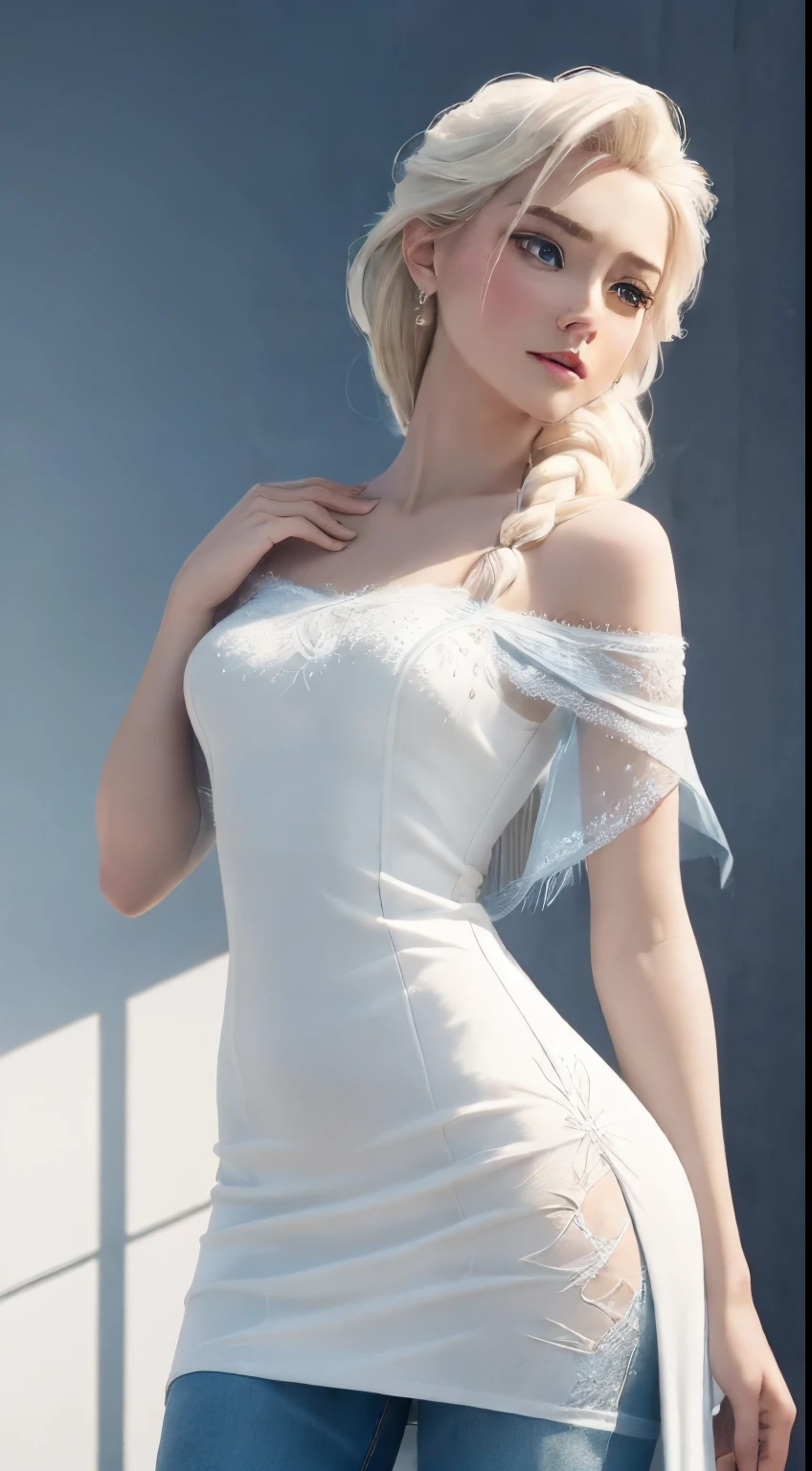 In a cinematic style, envision Disney's Frozen Elsa as a beautiful model donned in a modern, medium sheer, and medium short dress. The dress, with intricate detailing, exudes a contemporary elegance, while its translucent quality adds a touch of enchantment.
cinematic style,  fashion model photo shoot, white background for model Elsa, Short Frozen ice chest dress and fashion T-Shirt , modern T-Shirt, Jeans elsa, , Show me  Frozen Elsa in a new modern Jeans style, beautiful T-Shirt design fashion. While Elsa is a beautiful model, depict the background in white with little emotional movements, hot emotion,
Set against a pristine white background, the scene is minimalistic, allowing Elsa's beauty and the dress's design to shine. Soft lighting imparts a subtle radiance, casting a gentle glow on the modern interpretation of Elsa.

Elsa, with her iconic platinum blonde hair, stands gracefully, embodying regality and poise. Her makeup enhances her natural features with a hint of frosty elegance, and she exudes a quiet confidence. The emotional movements are subtle, conveying a sense of serene determination, as Elsa embraces her role with understated grace.