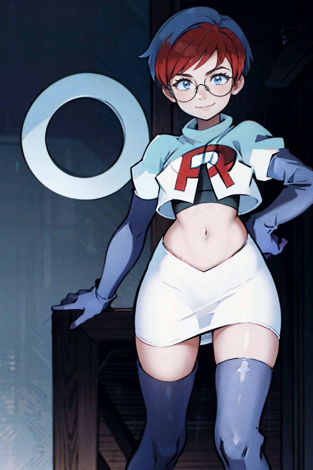 Penny, glasses, team rocket, team rocket uniform, red letter R, white skirt, white crop top, black thigh-high boots, black elbow gloves, smile