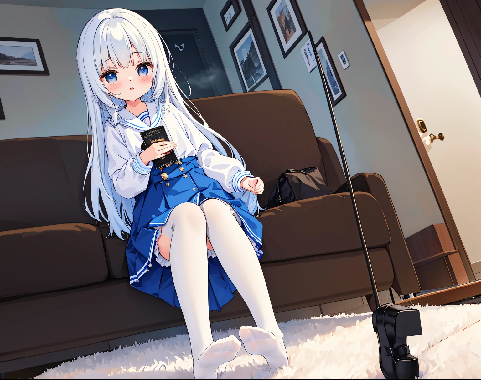 tmasterpiece, Best quality, The content is very detailed,tmasterpiece,Best quality,offcial art,extremely detaild的 CG unified 8k wallpapers，1girll，16 yaers old，{white stockings}，shyexpression，A girl takes off her shoes at home，Socks that emit steam，Steam collar