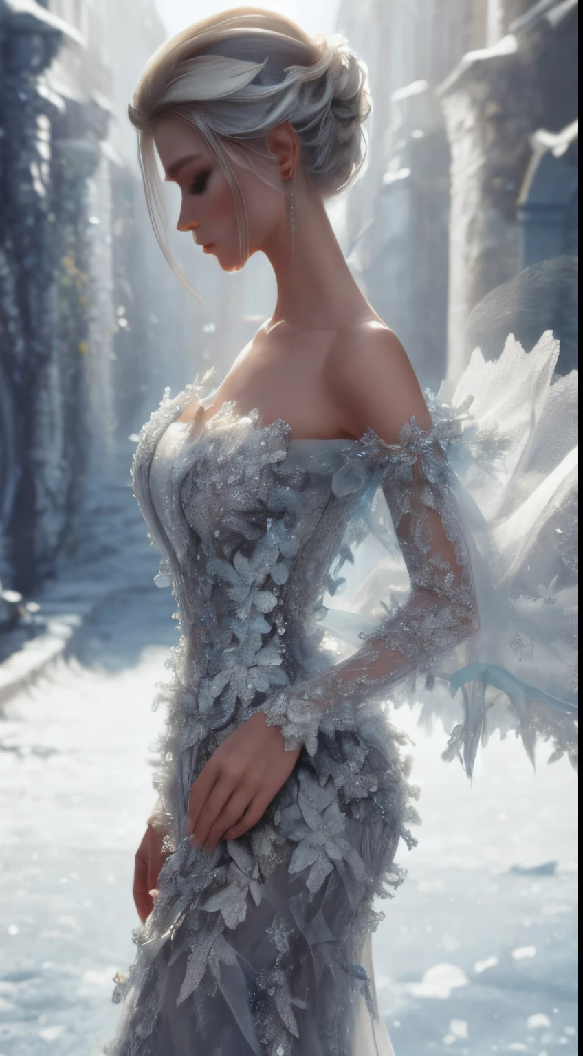 In a cinematic style, envision Disney's Frozen Elsa as a beautiful model donned in a modern, medium sheer, and medium short dress. The dress, with intricate detailing, exudes a contemporary elegance, while its translucent quality adds a touch of enchantment.
cinematic style,  fashion model photo shoot, white background for model Elsa, Short Frozen ice chest dress and fashion T-Shirt , modern T-Shirt, Jeans elsa, , Show me  Frozen Elsa in a new modern Jeans style, beautiful T-Shirt design fashion. While Elsa is a beautiful model, depict the background in white with little emotional movements, hot emotion,
Set against a pristine white background, the scene is minimalistic, allowing Elsa's beauty and the dress's design to shine. Soft lighting imparts a subtle radiance, casting a gentle glow on the modern interpretation of Elsa.

Elsa, with her iconic platinum blonde hair, stands gracefully, embodying regality and poise. Her makeup enhances her natural features with a hint of frosty elegance, and she exudes a quiet confidence. The emotional movements are subtle, conveying a sense of serene determination, as Elsa embraces her role with understated grace.