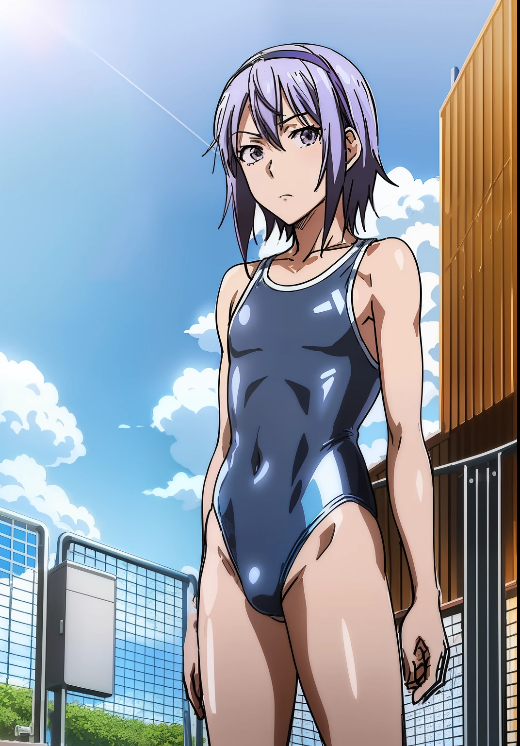 Anime man in a swimsuit standing next to the pool, short purple hair man, Purple-eyed man, Seductive Anime Men, swim wears, Wearing swimwear, realistic anime art style, Ecchi anime style, onepiece swimsuit, anime moe art style, Wearing a one-piece swimsuit, Realistic anime art style, School swim wear, digital anime art!!, Highleg School Swimwear, School Swimwear, Beautiful charming anime men, attractive anime man, Muscular men, 2 d anime style, highleg, Bare shoulders, bare legs, Bare arms, erectionpenis, solo,