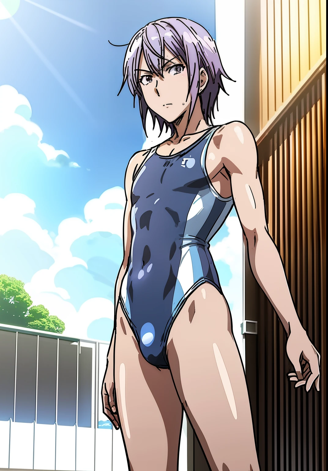 Anime man in a swimsuit standing next to the pool, short purple hair man, Purple-eyed man, Seductive Anime Men, swim wears, Wearing swimwear, realistic anime art style, Ecchi anime style, onepiece swimsuit, anime moe art style, Wearing a one-piece swimsuit, Realistic anime art style, School swim wear, digital anime art!!, Highleg School Swimwear, School Swimwear, Beautiful charming anime men, attractive anime man, Muscular men, 2 d anime style, highleg, Bare shoulders, bare legs, Bare arms, erectionpenis, solo,