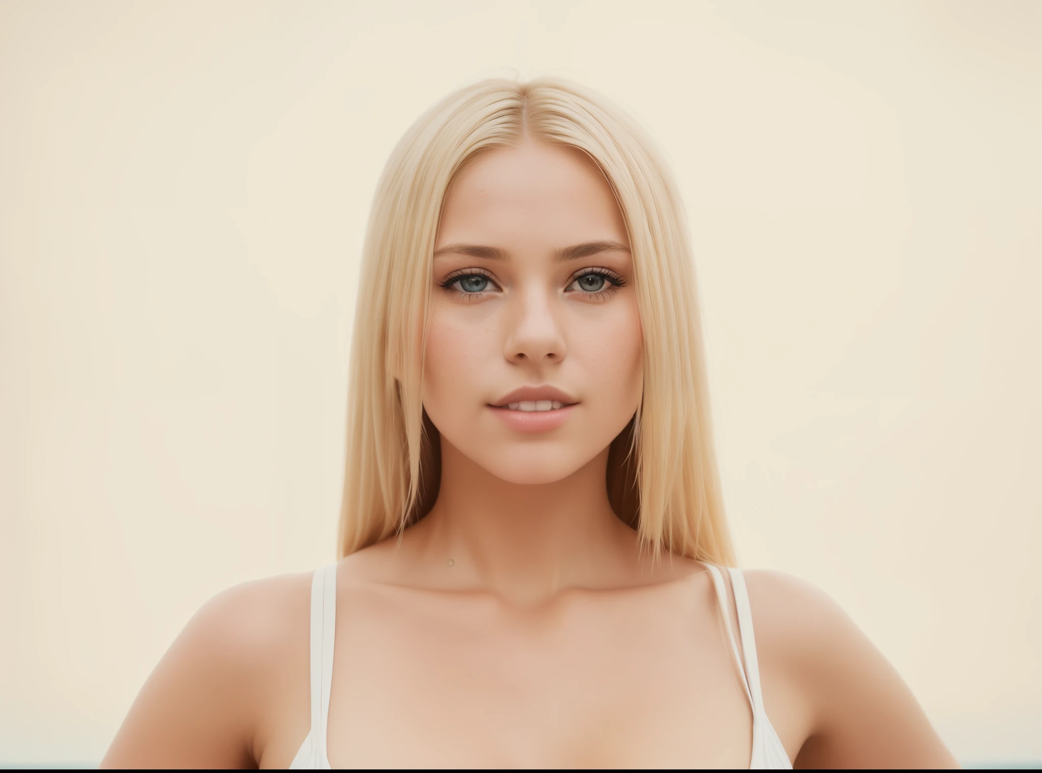 1 girl, (blonde hair), very fit, long blonde straight hair, (on a beach, looking at camera, white 2 piece bikini, standing straight, holding victory sign, sexy pose), ((full body, visible butt, visible legs, visible feet)), (medium breasts, narrow waist, wide hips), mouth closed detailed skin texture, (highly detailed hair), good jaw line, (blush:0.5), (goosebumps:0.5), subsurface scattering, natural skin texture, natural skin light hyperrealism, RAW photo, 8k uhd, dslr, soft lighting, high quality, film grain, Fujifilm XT3, (masterpiece:1.2), (best quality:1.4), (ultra highres:1.2), (photorealistic:1.4), ultra detailed, sharp focus,