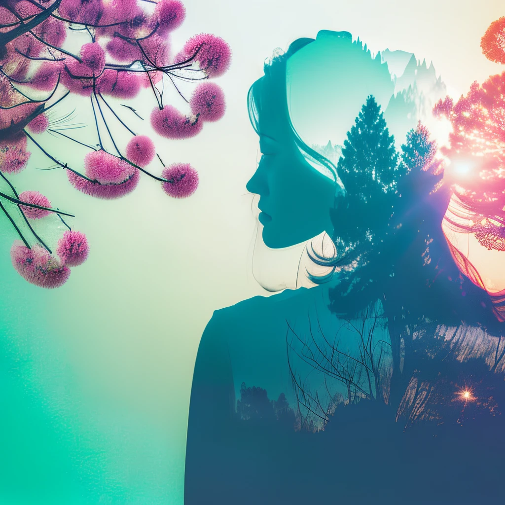 (Double exposure effect:1.3) of (female portrait :1.2), beautiful bust bimbo, gigantic breast, cleavage, giga_busty, superimposed against (silhouette:1.1) of cherry trees, soft colors, negative space, photoillustration, giga_busty,
