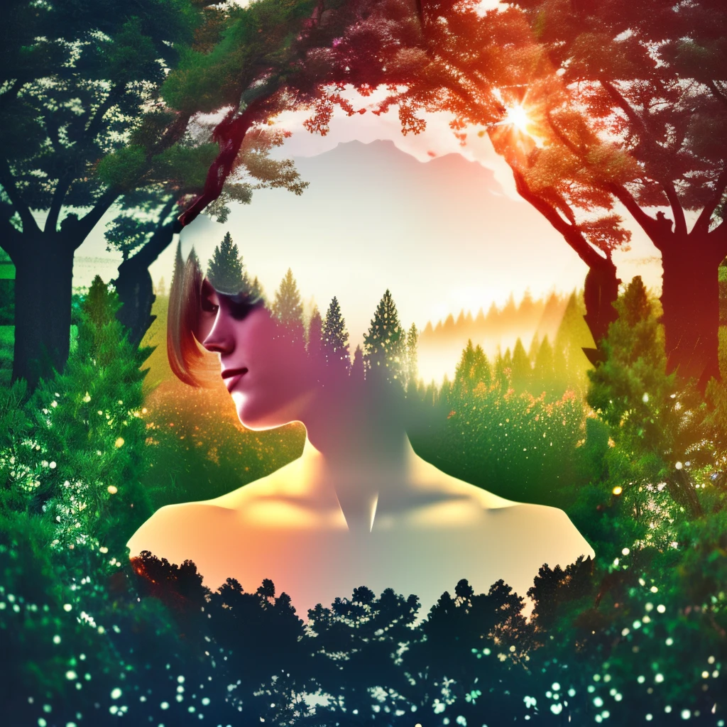 (Double exposure effect:1.3) of (female portrait :1.2), beautiful bust bimbo, gigantic breast, cleavage, giga_busty,  superimposed against (silhouette:1.1) of cherry trees, soft colors, negative space, photoillustration, giga_busty,