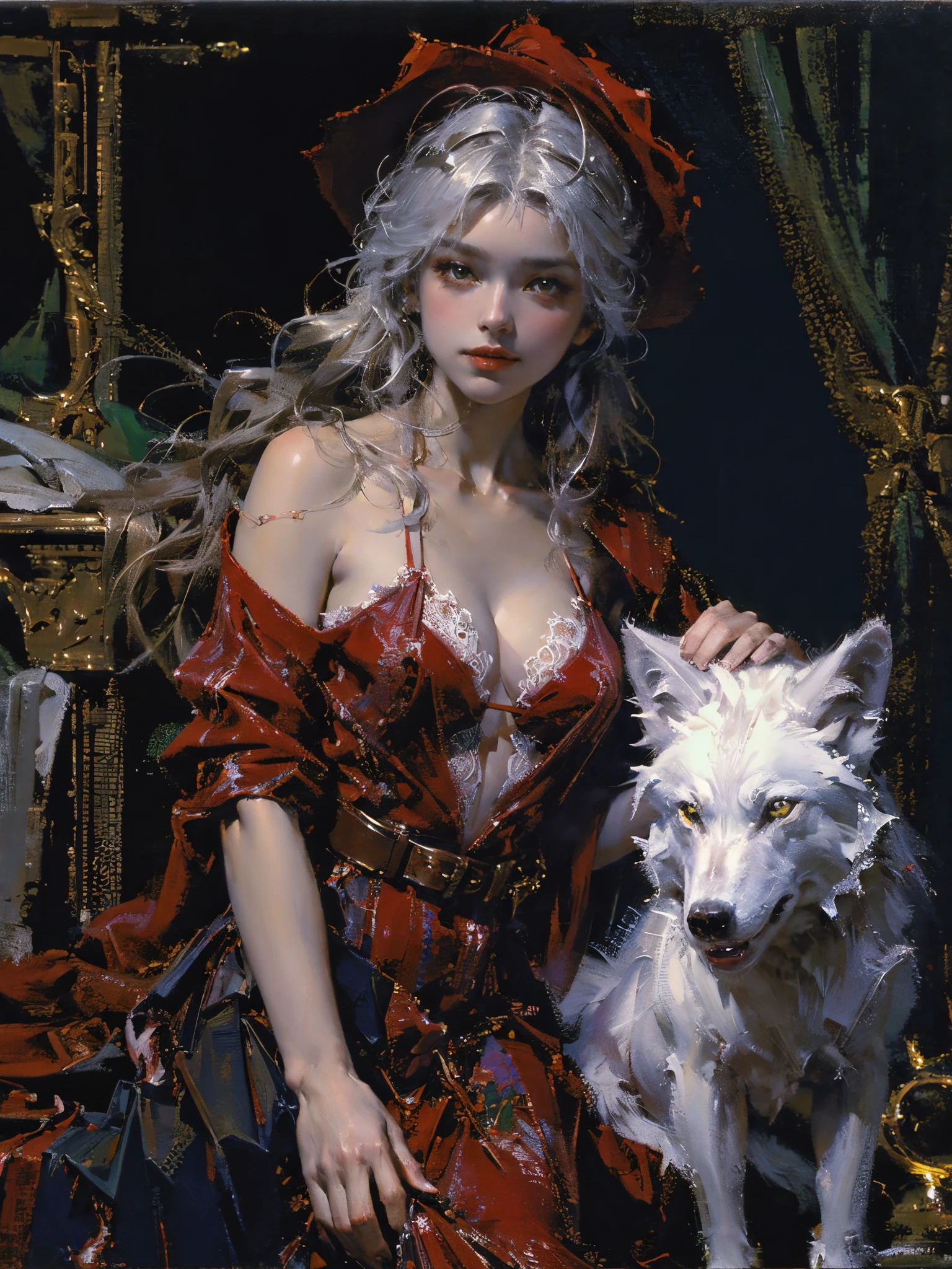 Describe the scene where the girl in red meets the wolf，(((white wolf)))，Quiet and harmonious atmosphere，Dramatic composition，warm color palette，many color，Correct anatomy，Detailed faces, 詳細な目，（Girls wear：red shawl，Red Hat，laced dress，Red Hat, cloaks, Large bra, a skirt, Red dress，Carrying a basket of fruit），Background with：luring，natural  lightting, Candy   House，a fairy world，Close-up cleavage，Charming and sexy legs，((Sexual suggestiveness))，Correct anatomy，详细的脸, 詳細な目，(post impressionist),(Fechin Oil Painting - Fechin Oil Painting , oil painted), 01