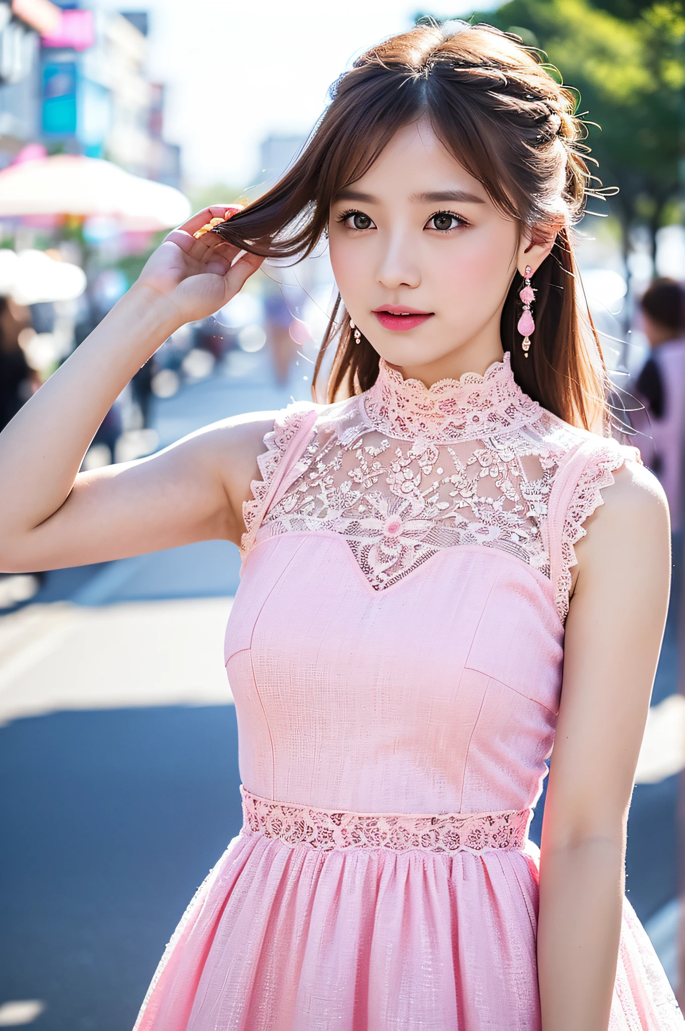 a woman posing on the street corner with pink dress on, best quality, high res, 8k, 1girl, (huge breasts), day, bright, outdoor, (street:0.8), (people, crowds:1), (lace-trimmed dress:1.5, pink clothes:1.5, pink high-neck dress:1.5, sleeveless dress, pink dress: 1.5), gorgeous, (medium hair), beautiful detailed sky, beautiful earrings, (dynamic pose:0.8), (upper body:1.2), soft lighting, wind, shiny skin, looking at viewer,