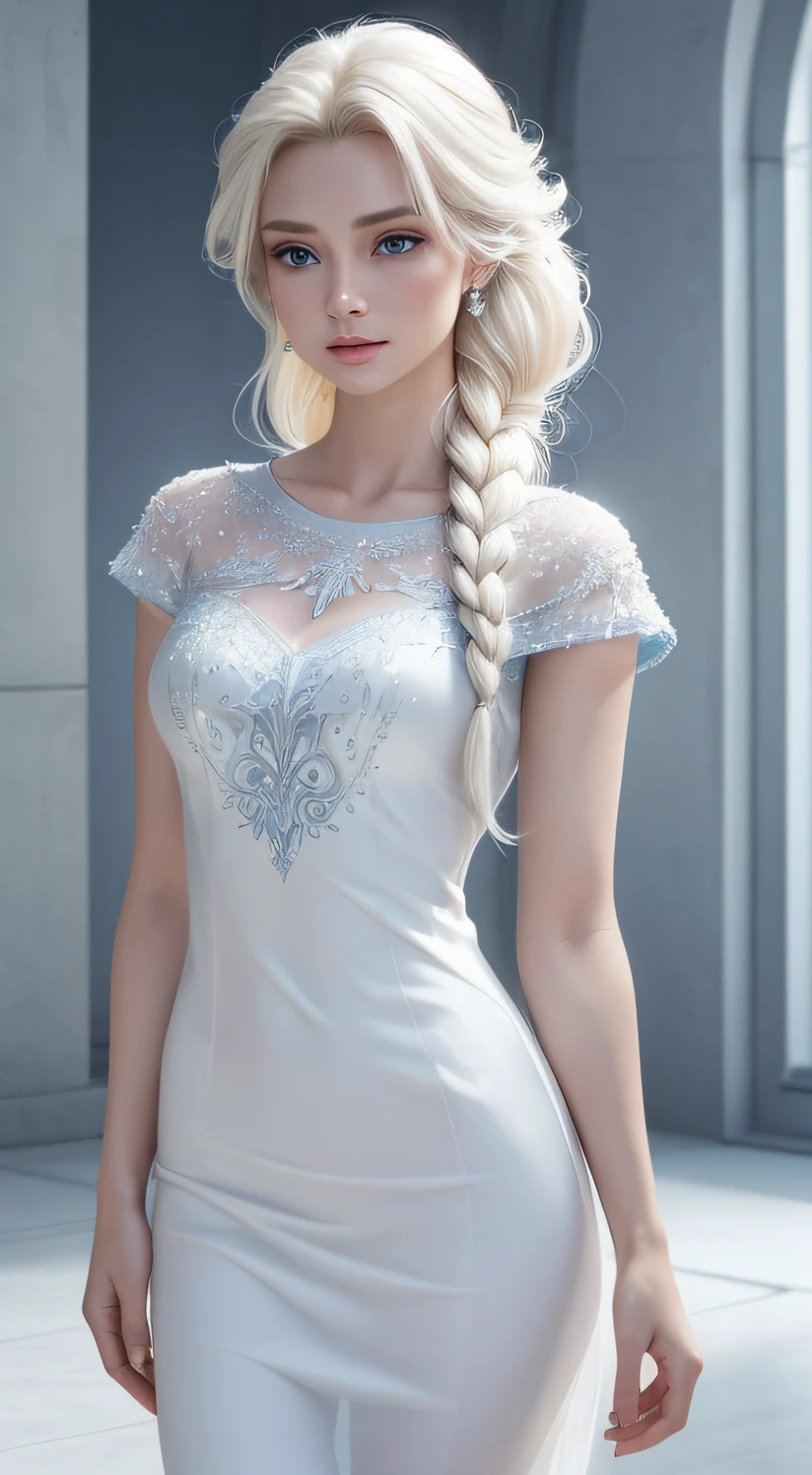 In a cinematic style, envision Disney's Frozen Elsa as a beautiful model donned in a modern, medium sheer, and medium short dress. The dress, with intricate detailing, exudes a contemporary elegance, while its translucent quality adds a touch of enchantment.
cinematic style,  fashion model photo shoot, white background for model Elsa, Short Frozen ice chest dress and fashion T-Shirt , modern T-Shirt, Jeans elsa, , Show me  Frozen Elsa in a new modern Jeans style, beautiful T-Shirt design fashion. While Elsa is a beautiful model, depict the background in white with little emotional movements, hot emotion,
Set against a pristine white background, the scene is minimalistic, allowing Elsa's beauty and the dress's design to shine. Soft lighting imparts a subtle radiance, casting a gentle glow on the modern interpretation of Elsa.

Elsa, with her iconic platinum blonde hair, stands gracefully, embodying regality and poise. Her makeup enhances her natural features with a hint of frosty elegance, and she exudes a quiet confidence. The emotional movements are subtle, conveying a sense of serene determination, as Elsa embraces her role with understated grace.