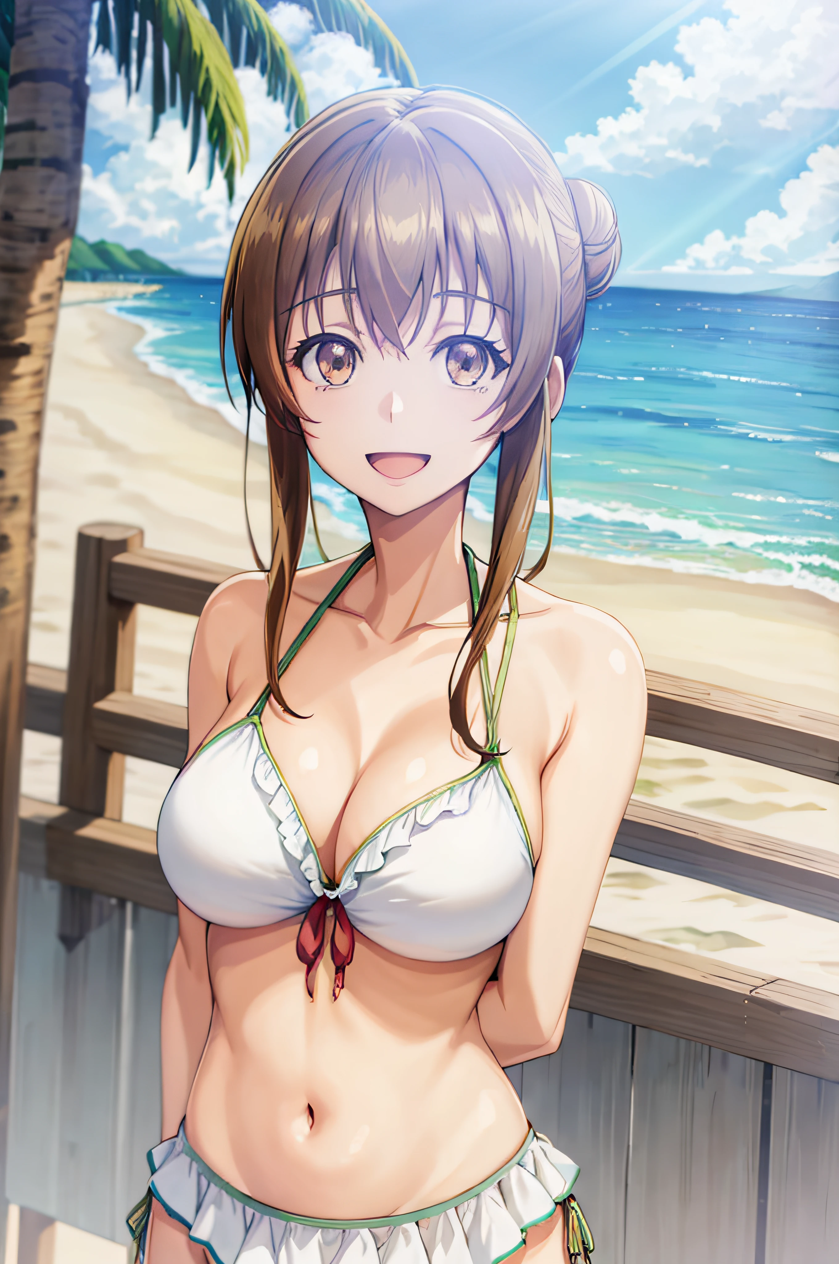 best quality, (masterpiece:1.2), highly detailed, ocean, beach, sun rays, 1girl, solo, kotegawa nanaka, looking at viewer, slight smile, open mouth, large breasts, brown eyes, brown hair, single hair bun, white bikini, front-tie top