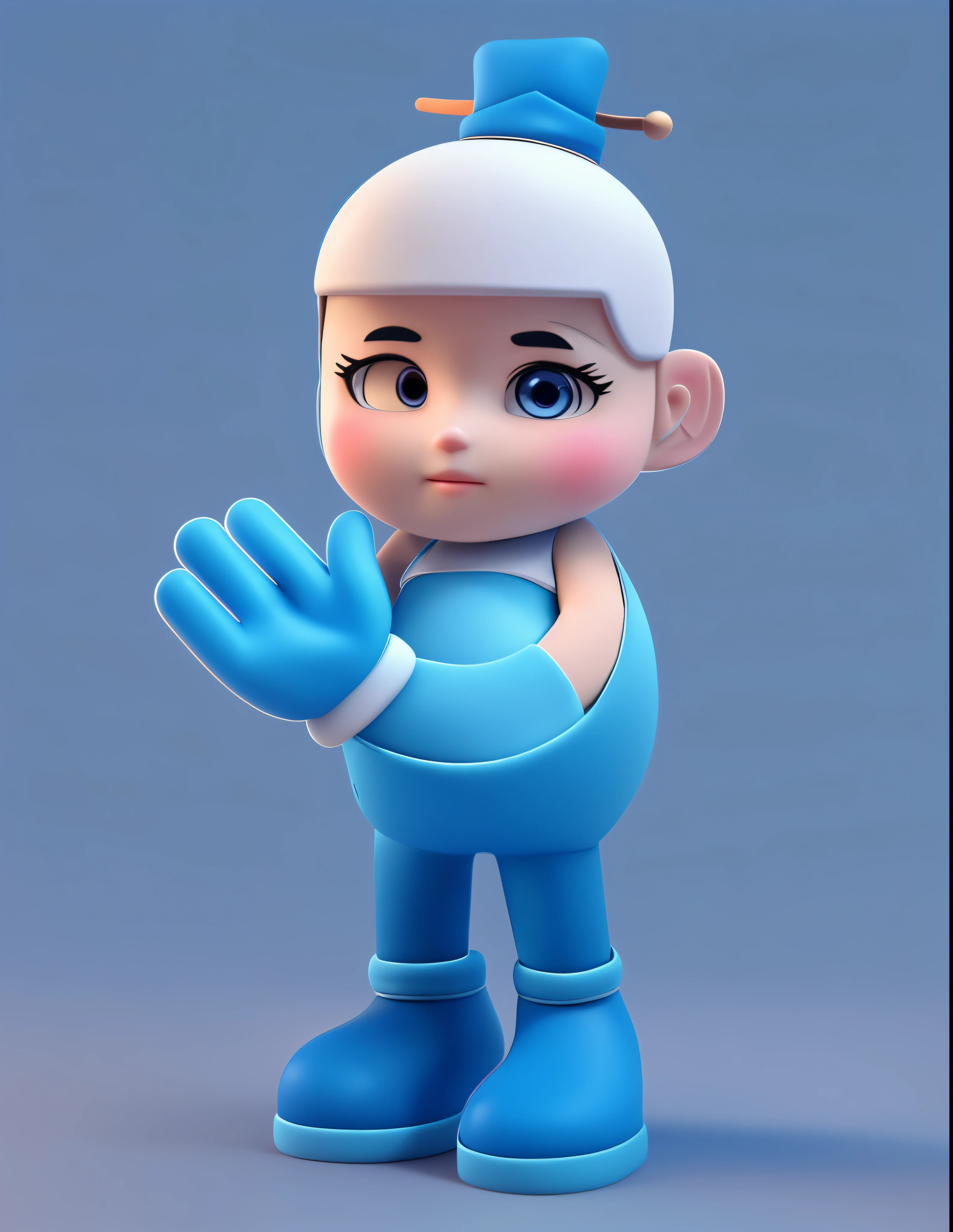There is a cartoon character wearing a hat and gloves, character is standing, minimalist cartoon style, full body mascot, 5 fingers, Blue body, Blue hat, Animated characters, stylized characters, Animation-style rendering, 3D stylization, arnold maya render, stylized 3d render, Cartoon rendering key shots, 3d character, 3d character, stylized 3d render, 3D character rendering, cartoon character, Close-up characters, Character pose, (pixar-style) (The main part:1.2) (bokeh) (Best quality at best) (delicate skin) (Detailed texture) (8K) (clay) (电影灯光) (sharp focus information)