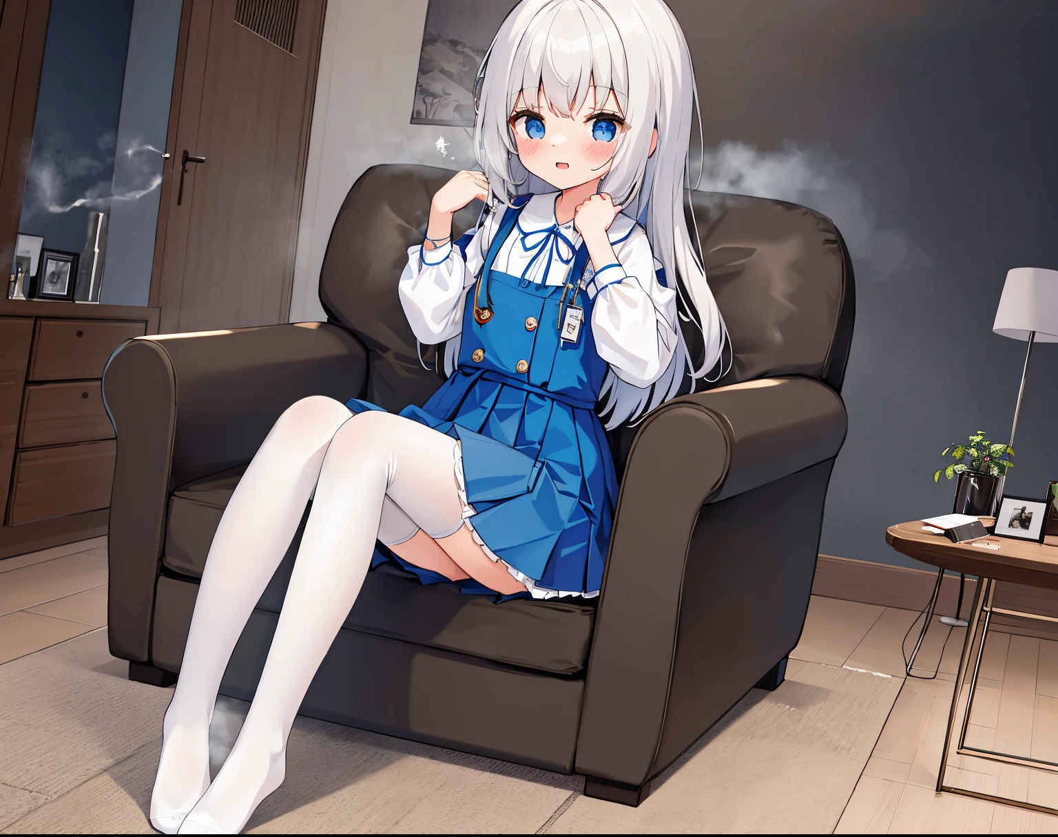 tmasterpiece, Best quality, The content is very detailed,tmasterpiece,Best quality,offcial art,extremely detaild的 CG unified 8k wallpapers,1girll, old,{white stockings},shyexpression,A girl takes off her shoes at home,Socks that emit steam,Steam collar