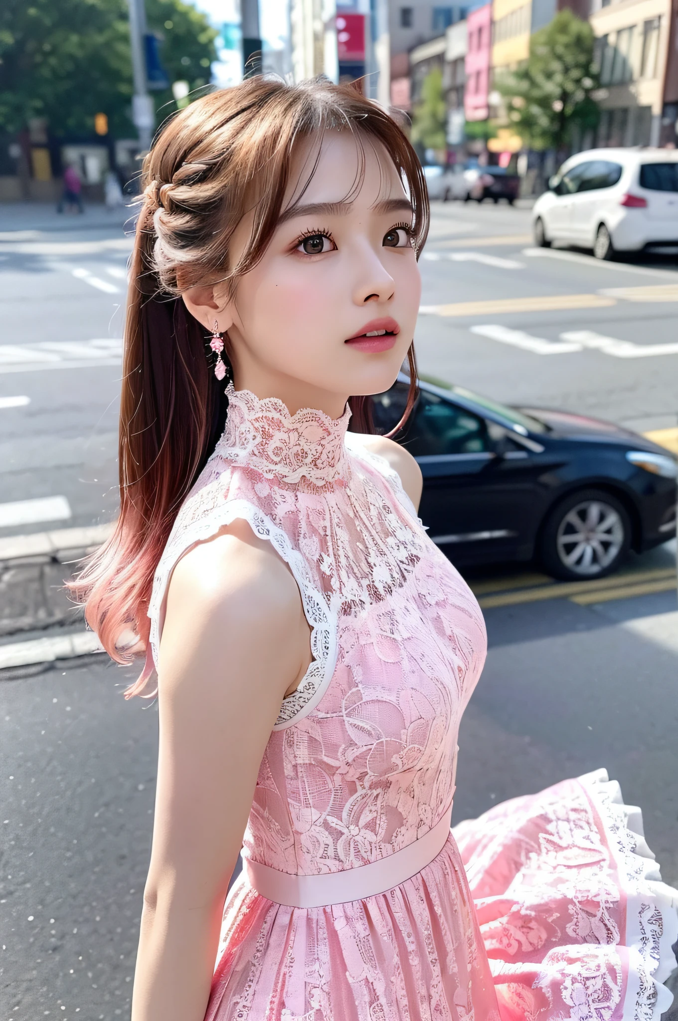 a woman posing on the street corner with pink dress on, best quality, high res, 8k, 1girl, (huge breasts), day, bright, outdoor, (street:0.8), (people, crowds:1), (lace-trimmed dress:1.5, pink clothes:1.5, pink high-neck dress:1.5, sleeveless dress, pink dress: 1.5), gorgeous, (medium hair), beautiful detailed sky, beautiful earrings, (dynamic pose:0.8), (upper body:1.2), soft lighting, wind, shiny skin, looking at viewer,