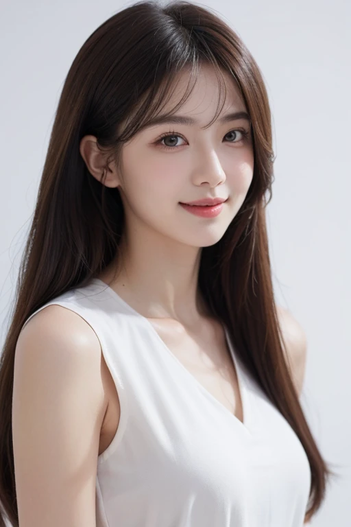1girl in,Sleeveless burgundy dress,White background,Lifelike face、Longhaire、Realistic hair quality、brawn hair、detaileds、masuter piece、realistic skin textures、bangss、A slight smil