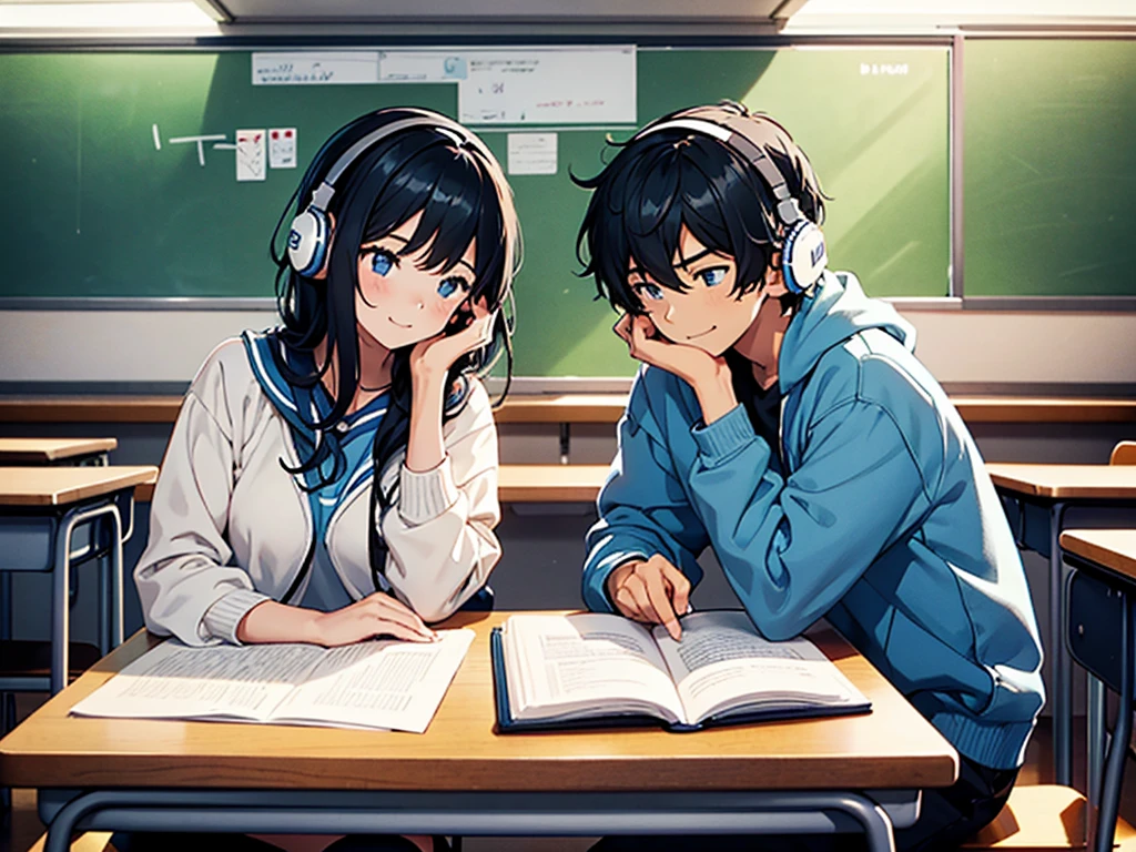 There is a boy and a girl in the classroom at night,They are campus lovers: A boy and a girl,The girl turns around and teaches the boy how to do questions,girl sitting next to boy'Front table,Strong sense of atmosphere,Sense of light and shadow,high school senior,modern day,Both people are sitting in their seats,There was no one else in the classroom。The boy is handsome and sunny,The girl is beautiful。Both of them showed their faces。Girls are very cold,with headphones on,face expressionless,Hold your chin,Boy smiling and looking at girl。There are only two of them in the picture,No one else appears。Pictures should be ultra high definition。