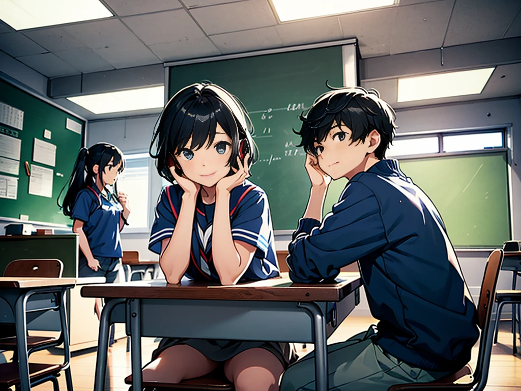 There is a boy and a girl in the classroom at night,They are campus lovers: A boy and a girl,The girl turns around and teaches the boy how to do questions,girl sitting next to boy'Front table,Strong sense of atmosphere,Sense of light and shadow,high school senior,modern day,Both people are sitting in their seats,There was no one else in the classroom。The boy is handsome and sunny,The girl is beautiful。Both of them showed their faces。Girls are very cold,with headphones on,face expressionless,Hold your chin,Boy smiling and looking at girl。There are only two of them in the picture,No one else appears。Pictures should be ultra high definition。