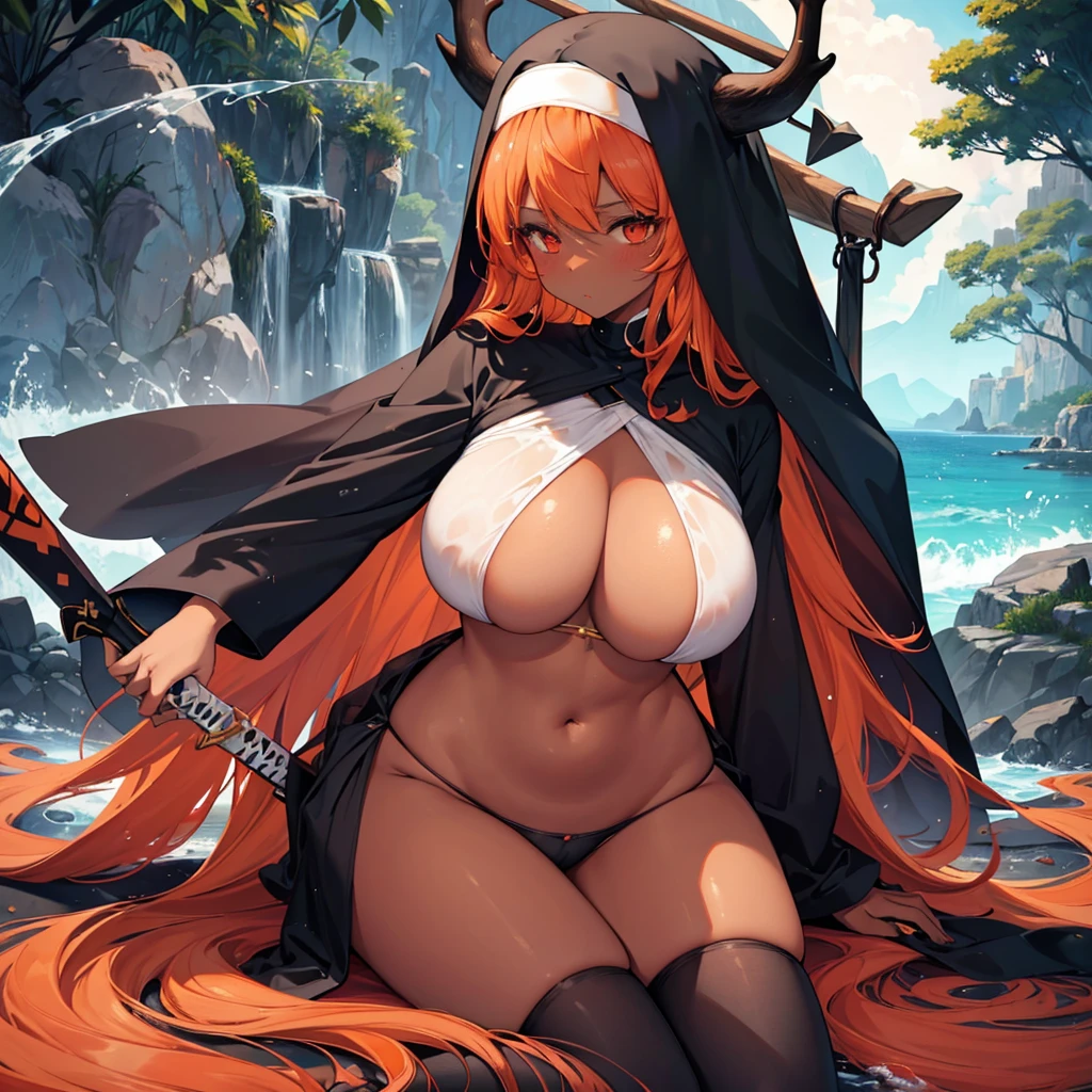 long hair, orange hair,(dark skin female,) (nun), big breasts, Big ass, Deer antlers,large horn, heavy body, large body, venus body, gigantic large tits, red blush, stockings, small sword, sea background,wet skin,