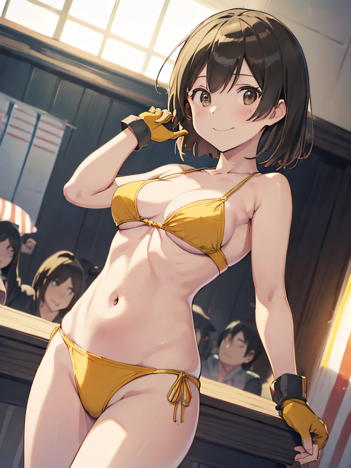 (masutepiece, Best Quality:1.2), Cowboy Shot, Solo, 1girl in, Hiryū, Smile, Looking at Viewer, Yellow Bikini、One side up, , partially fingerless gloves、The background is professional wrestling、Facing the front