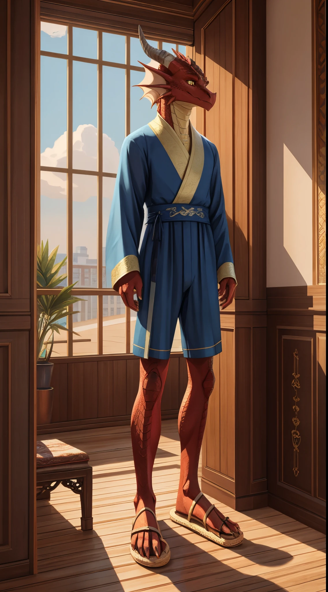male dragon,Robot dragon,red dragon,Wearing blue luxury Hanfu short-sleeved shorts,sandals,Claw feet,Seafront,Exquisite golden eyes,Standing in the apartment,standing beside window,Lifelike scales,detail ratio,Slim,The scales do have texture,realistically,Look up and see the masterpiece,Scavenging,8K,
