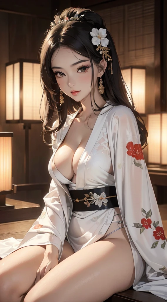 (((8k wallpaper of extremely detailed CG unit, masterpiece, 超A high resolution:1.2, top-quality:1.2, masutepiece))), ((extremely beautiful lady, frontage, extremely detailed beautiful face, Highly detailed black eyes, Very beautiful body, Top quality real texture skins, A dark-haired, de pele branca, Fancy makeup, Sexy white kimono, Sitting with your crotch spread)), (Exposed cleavage, The front of the body is exposed:1.3, Exposed legs:1.3), paper lanterns:1.2, hyper realisitic, digitial painting,