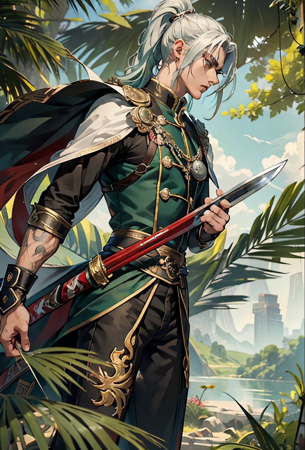 tmasterpiece, Best quality at best, hyper-detailing, CG illustration, Proper shading, Best quality，8K，tmasterpiece，Master illustration，Full-body art，Colorful，1 persons，One guy，full bodyesbian，lewd poses，Skinny，Skinny men，Sick，Sick，pony tails，Long gray hair，Light green hair，with a determined look in his eyes，White pupils，keen vision，Danfeng Eyes，bandagens，Tall guy，Ranger，Hold the handle of the knife in your hand，Strong and fierce，Aggressiveness，Sharp，On the tip of the sword，huddle together，giant river，broach，bamboos，at a forest